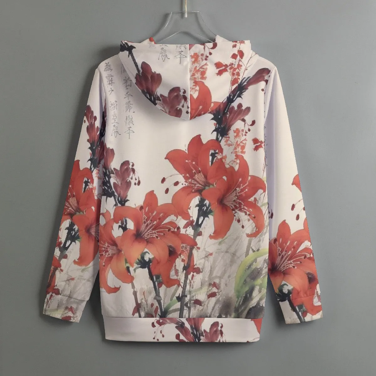 185. All-Over Print Women's Pullover Hoodie With Drawstring reddish orange, flower, print
