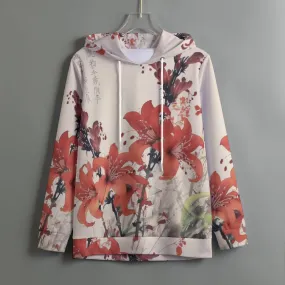 185. All-Over Print Women's Pullover Hoodie With Drawstring reddish orange, flower, print