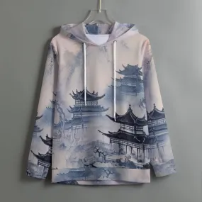 186. All-Over Print Women's Pullover Hoodie With Drawstring blue, Asian print