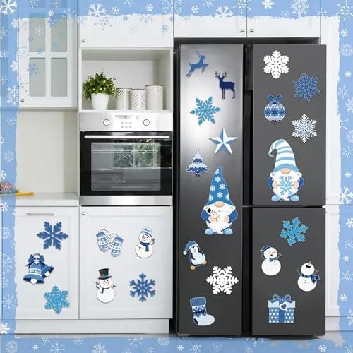 25 Pcs Christmas Decoration Magnets Blue Gnome Snowman Snowflake Christmas Tree Refrigerator Magnets Decorative Fridge Magnetic Stickers Garage Magnet for Fridge Mailbox Car Metal Door Decoration