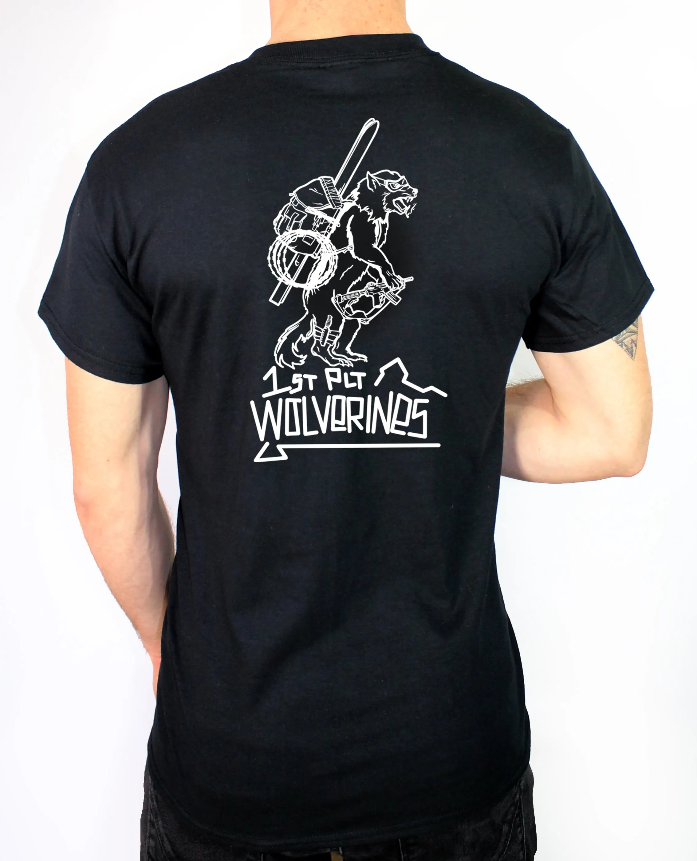 50-50 Blend Black Unisex PT Short Sleeve Shirt (White Design). Approved for PT