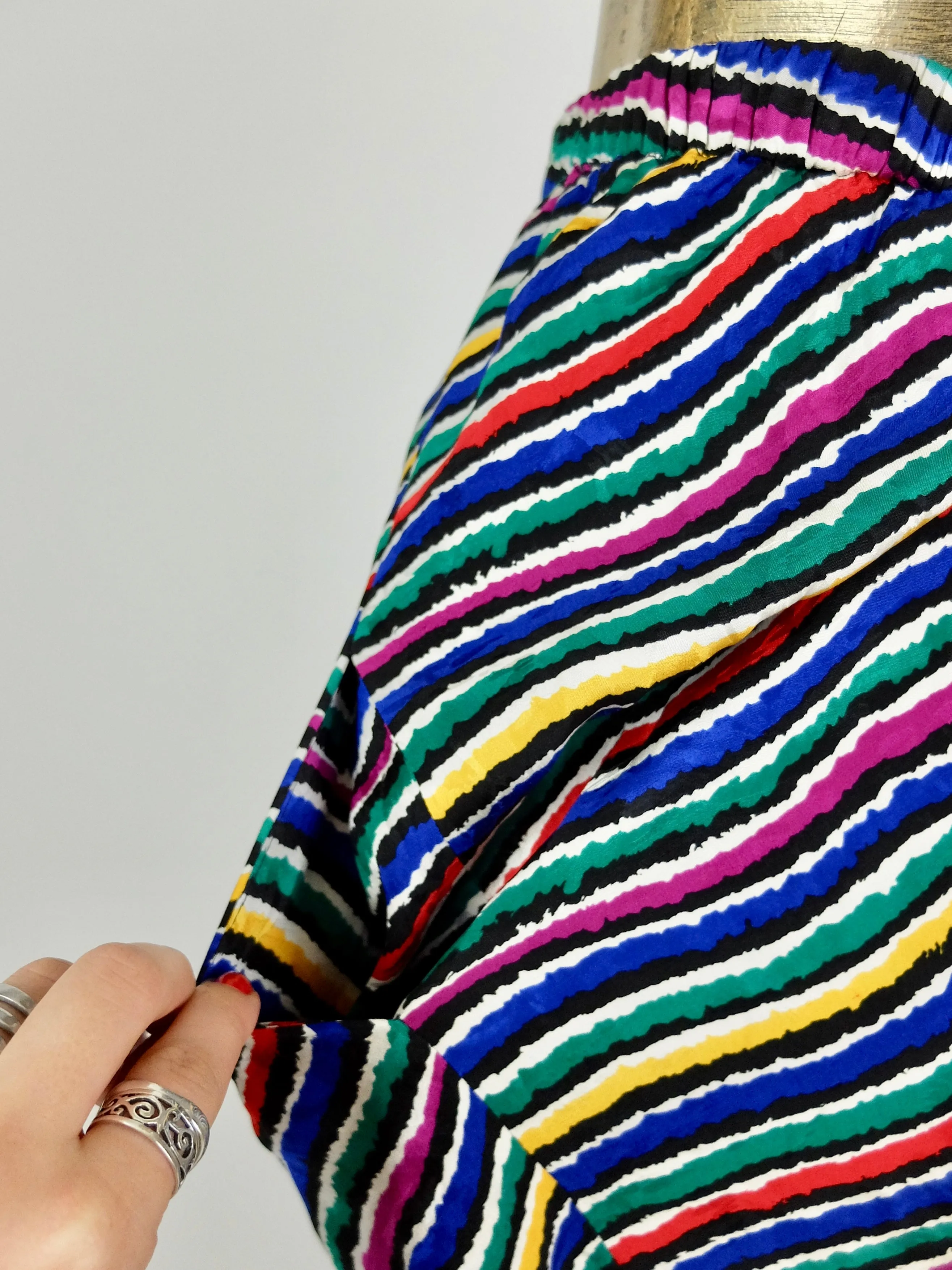 80s Rainbow Abstract Striped High Waisted Silk Midi Circle Skirt