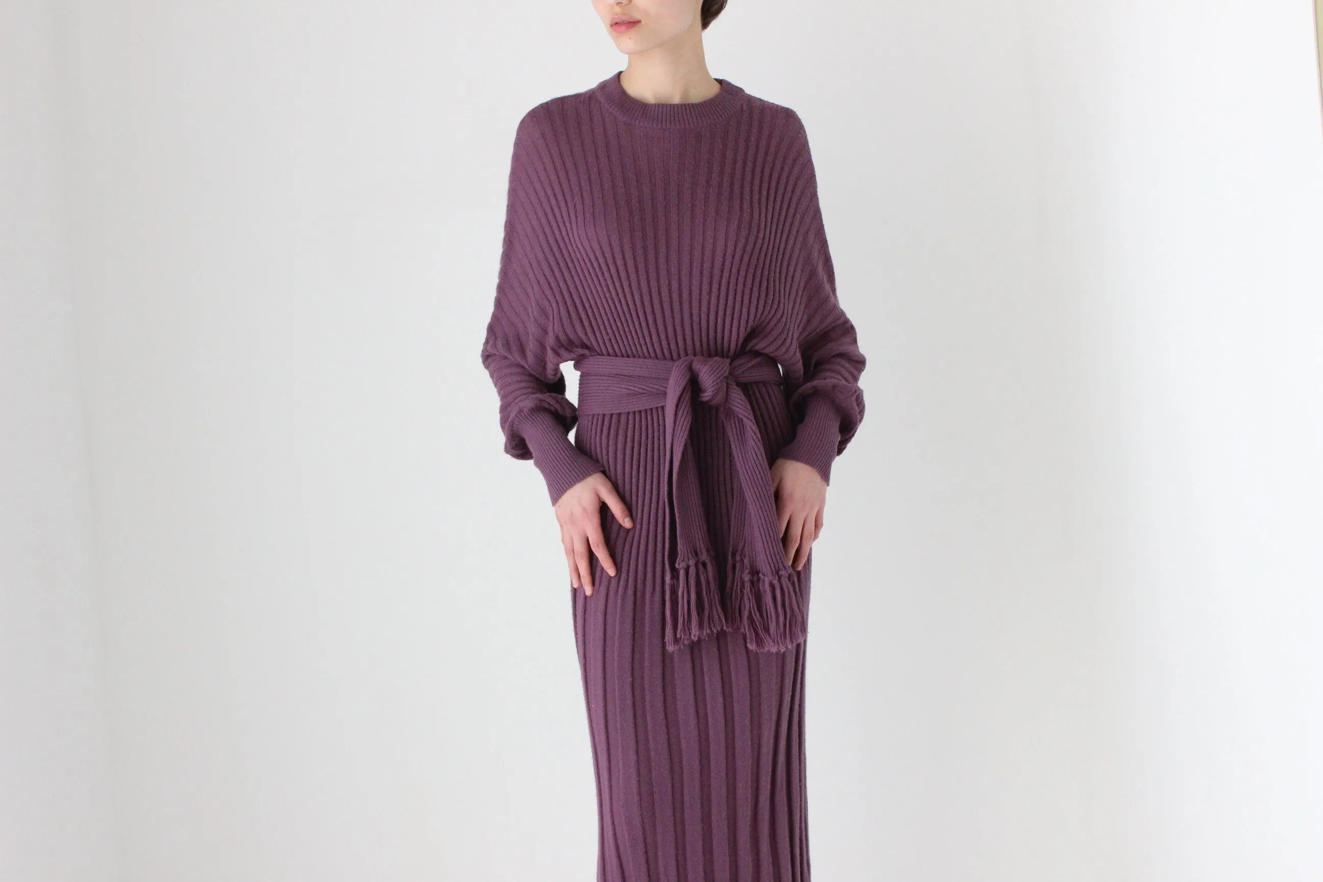 80s Sculptural Ribbed Pure Wool Batwing Sweater Dress