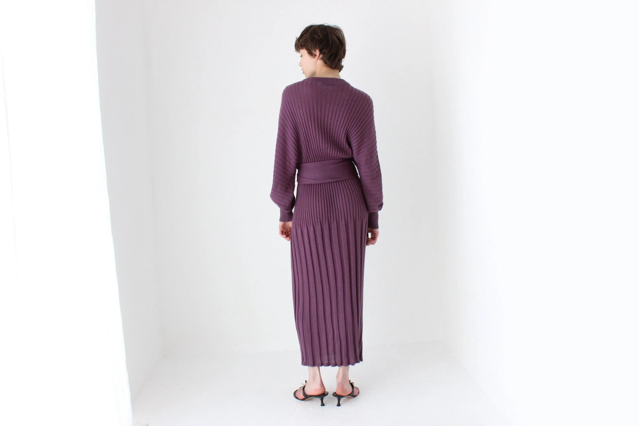 80s Sculptural Ribbed Pure Wool Batwing Sweater Dress