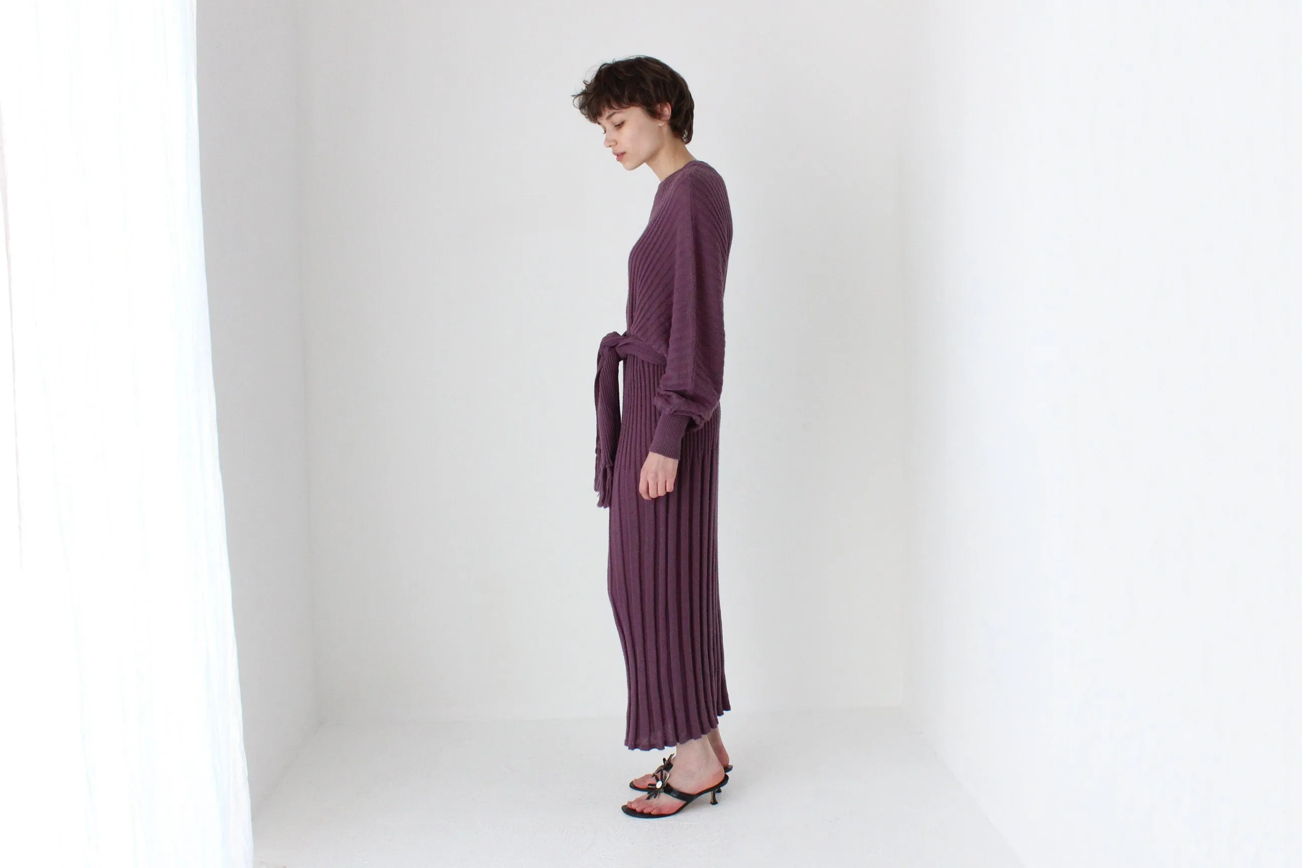 80s Sculptural Ribbed Pure Wool Batwing Sweater Dress