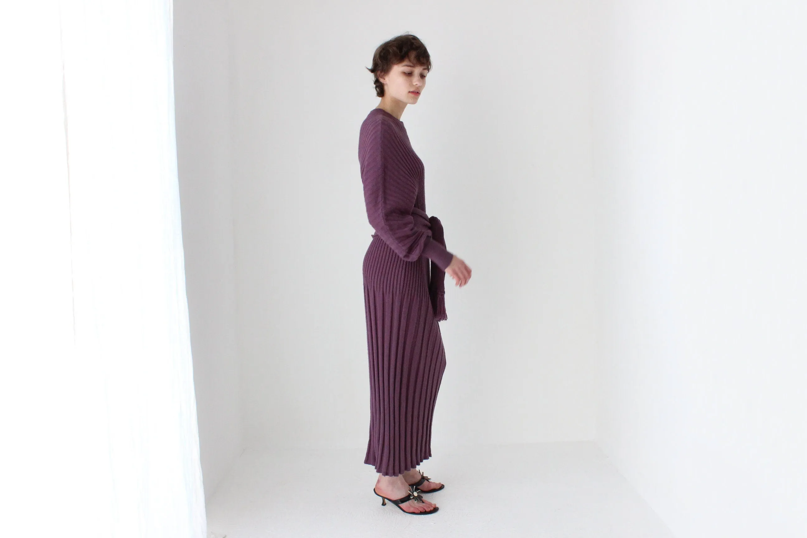 80s Sculptural Ribbed Pure Wool Batwing Sweater Dress