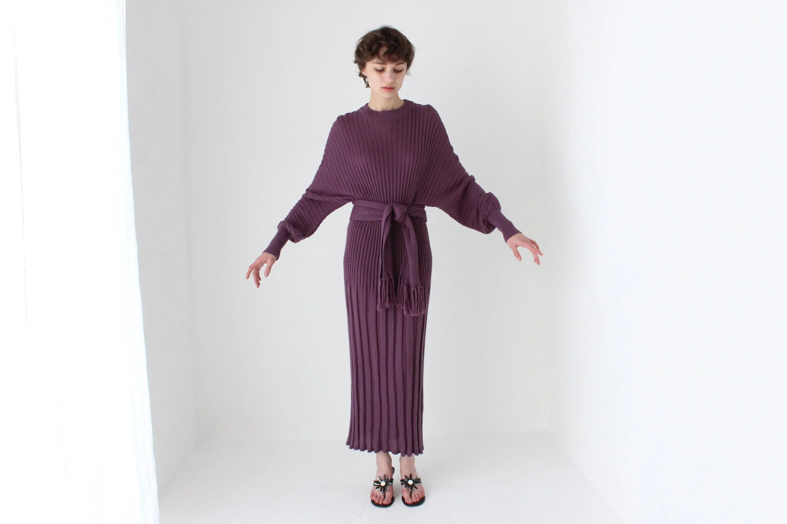 80s Sculptural Ribbed Pure Wool Batwing Sweater Dress