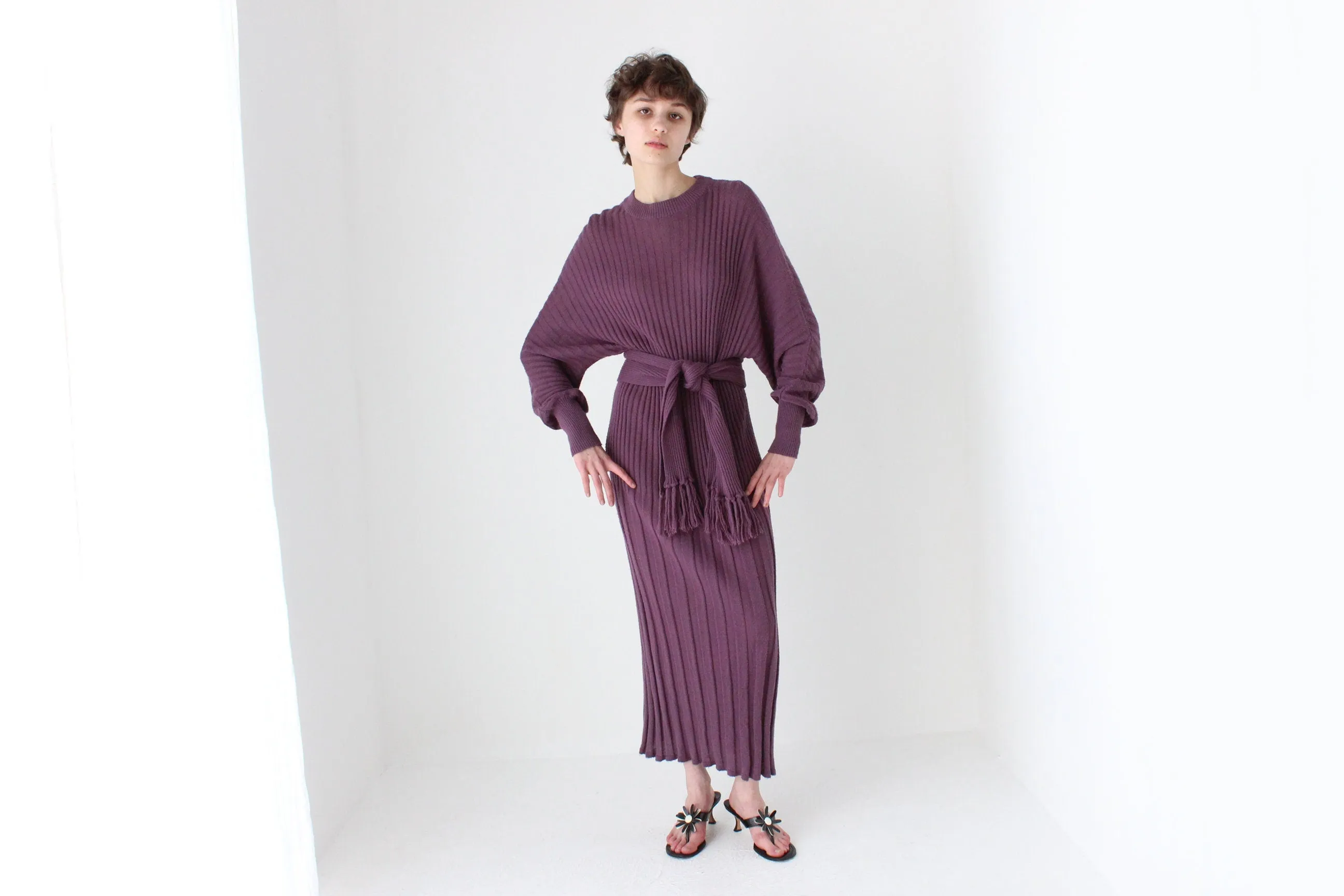 80s Sculptural Ribbed Pure Wool Batwing Sweater Dress