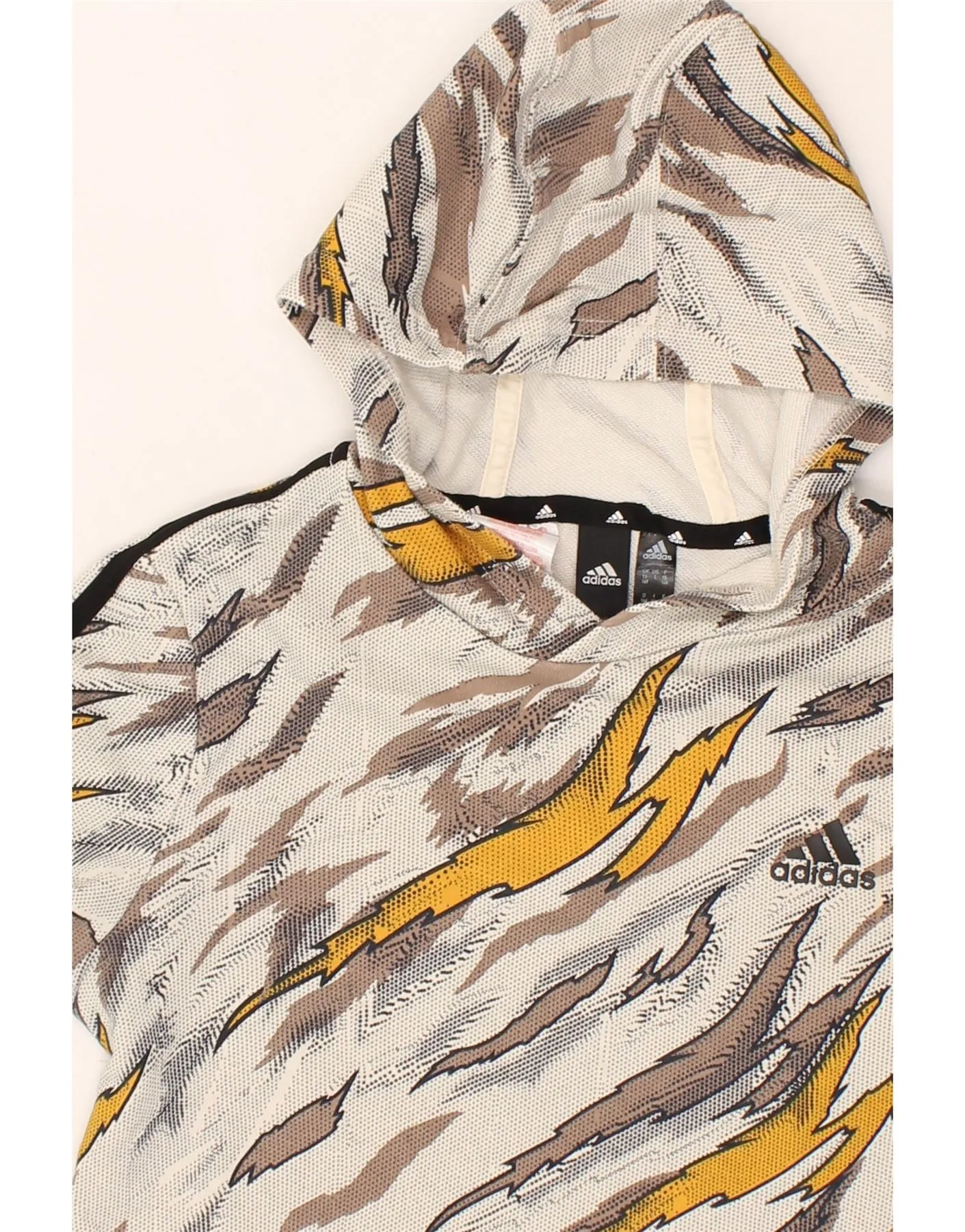 ADIDAS Boys Abstract Pattern Hoodie Jumper 13-14 Years Beige Cotton