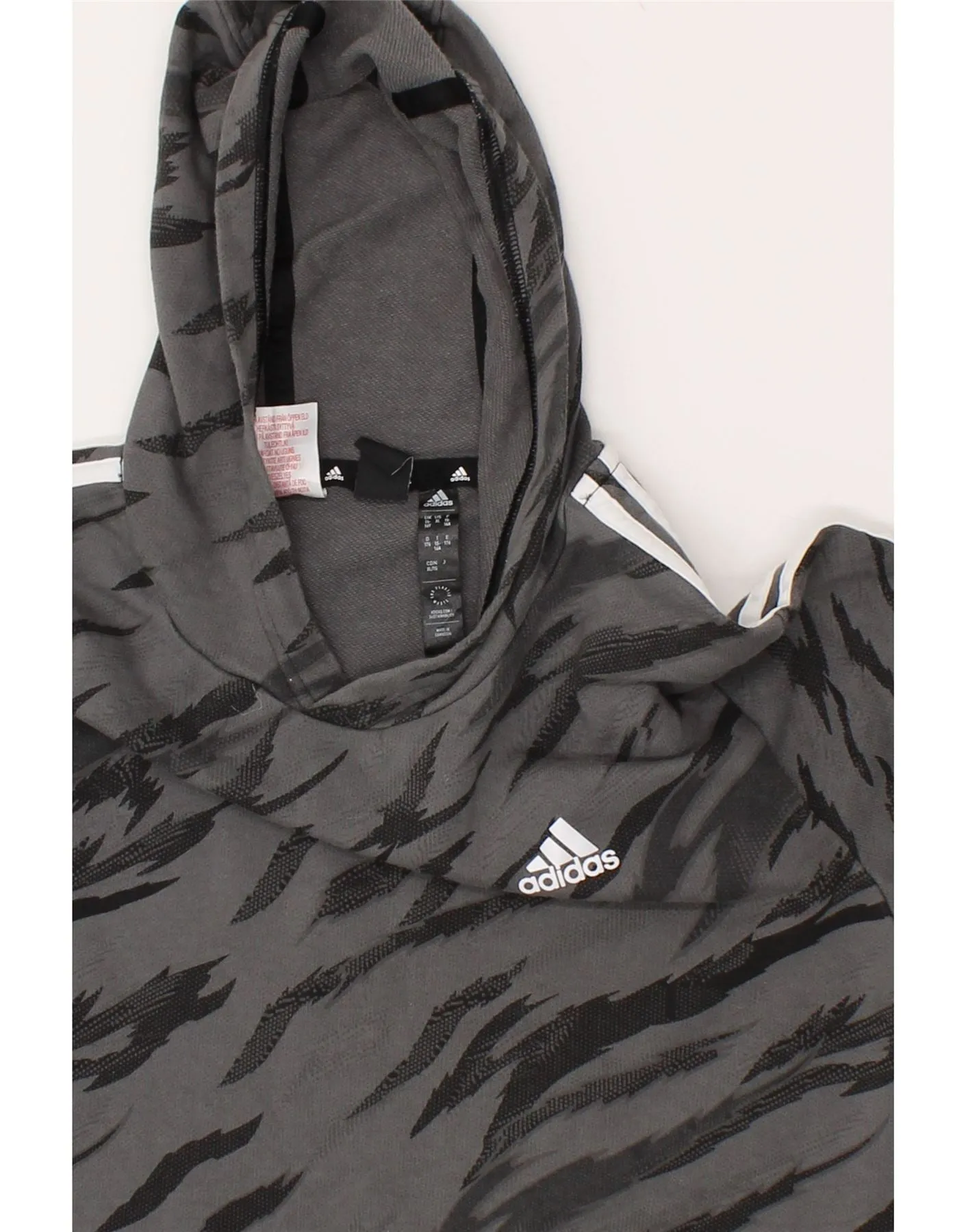 ADIDAS Boys Abstract Pattern Hoodie Jumper 15-16 Years Grey Cotton