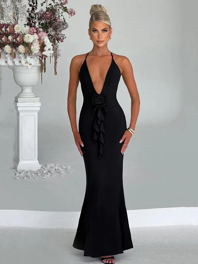 Amozae-A 3D Flower Deep V Neck Sexy Maxi Dress For Women Fashion Spaghetti Strap Sleeveless Backless Club Party Sexy Dress