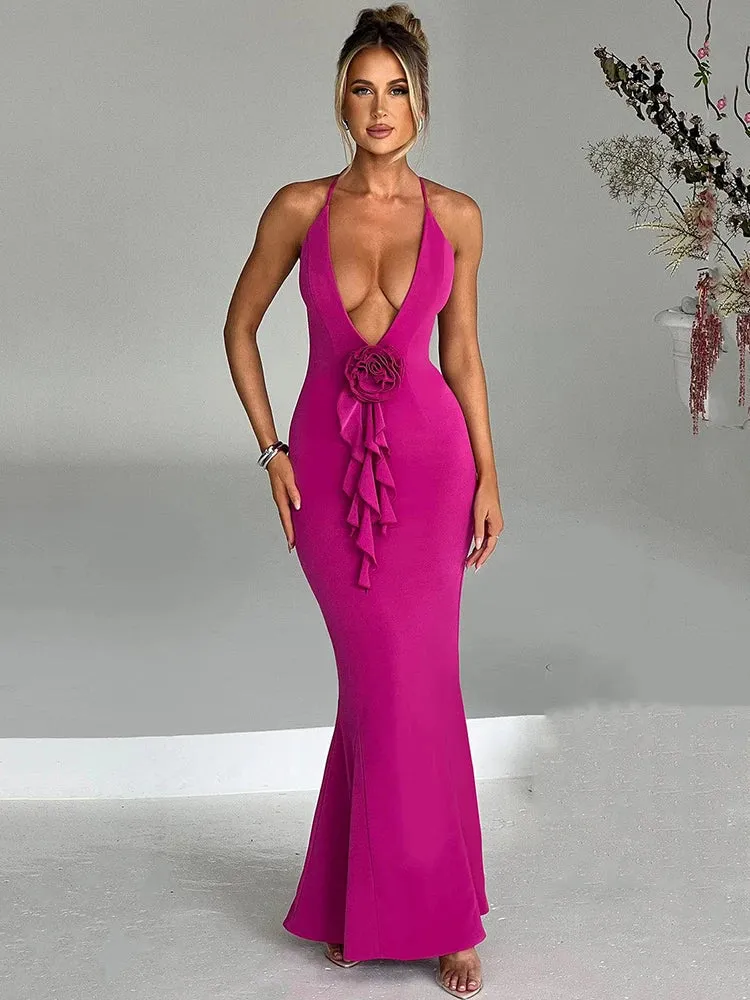 Amozae-A 3D Flower Deep V Neck Sexy Maxi Dress For Women Fashion Spaghetti Strap Sleeveless Backless Club Party Sexy Dress