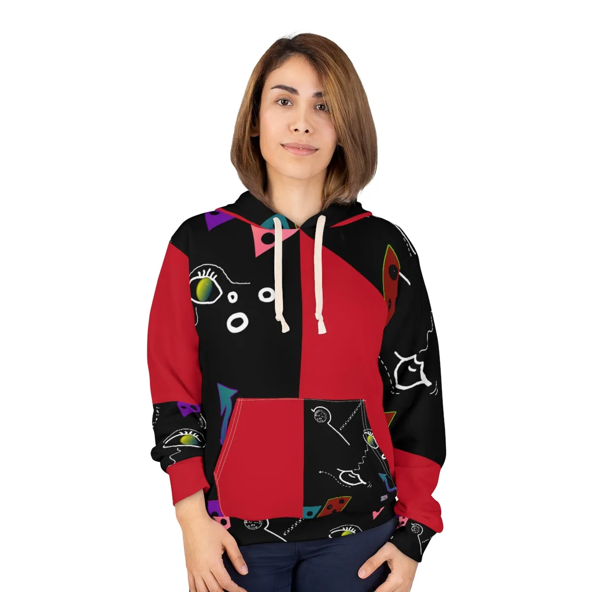 AOP Unisex Pullover Hoodie FACE DOODLES RED