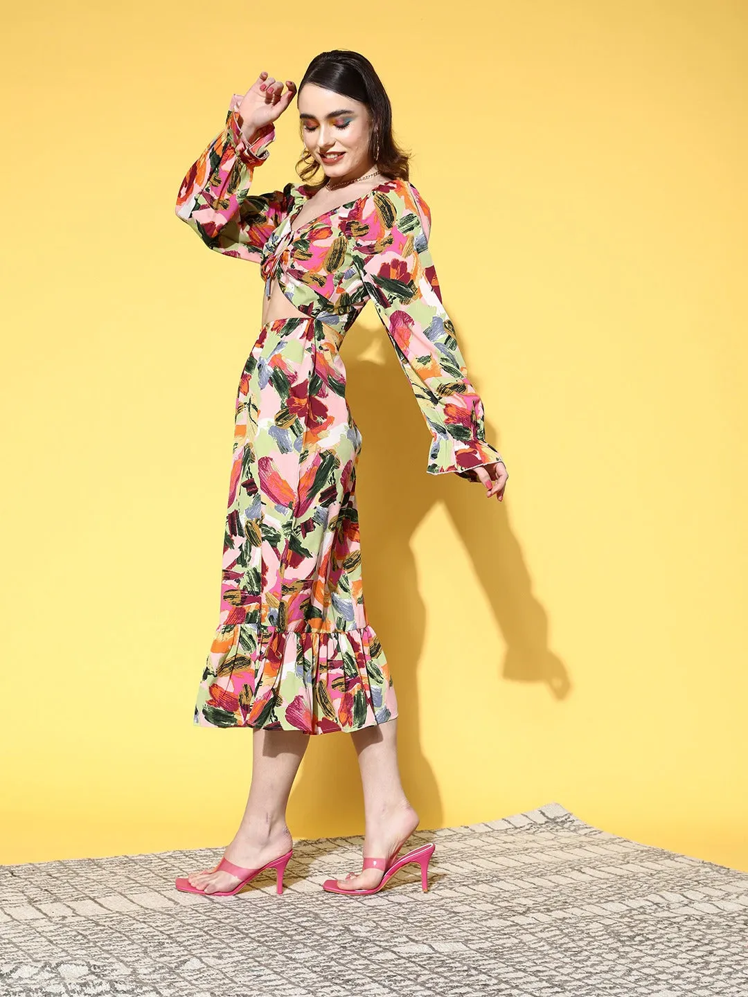 Berrylush Women Pink & Multicoloured Abstract Printed Sweetheart Neck Tie-Up Cutout Crepe Fit & Flare Midi Dress