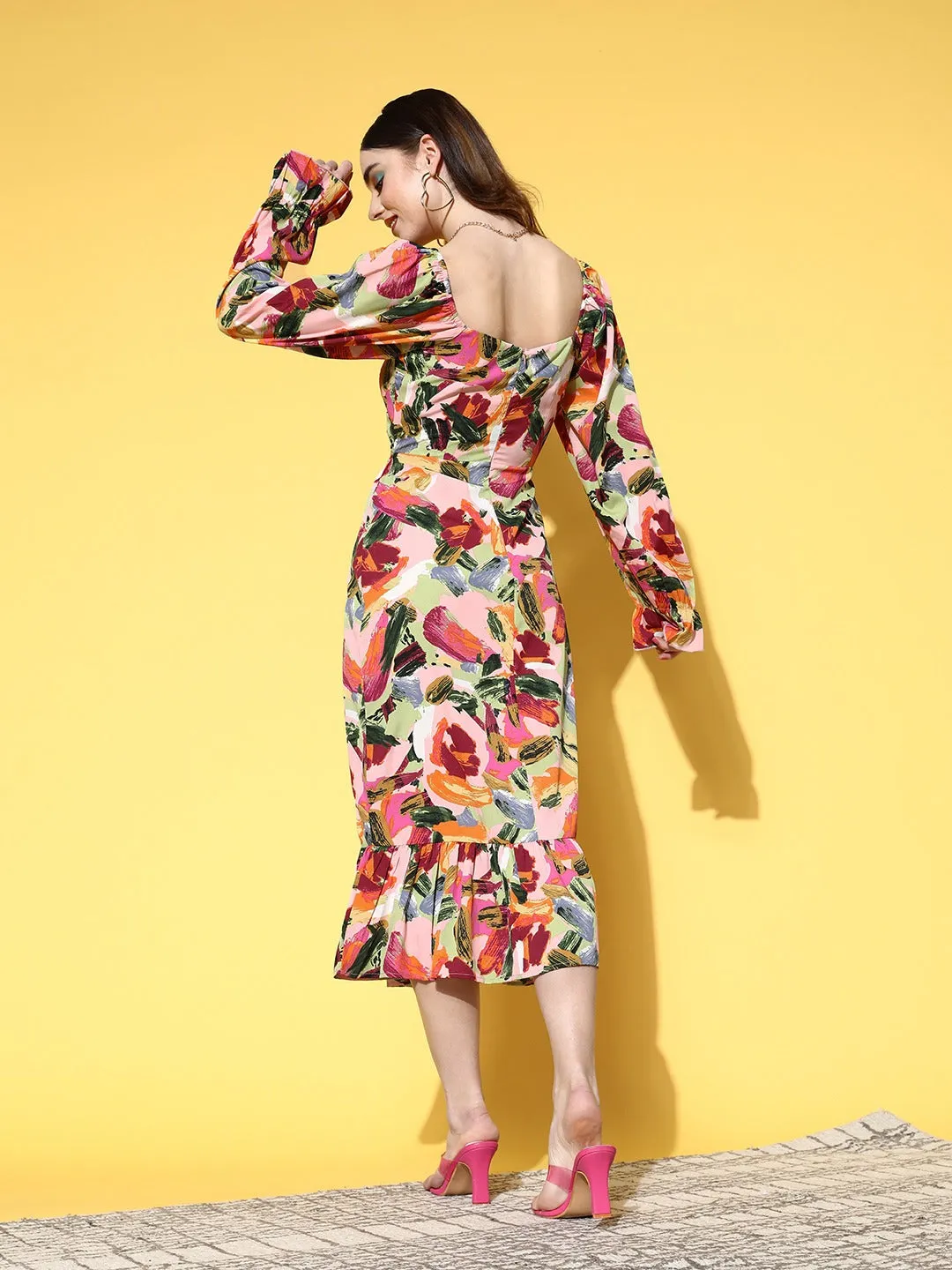 Berrylush Women Pink & Multicoloured Abstract Printed Sweetheart Neck Tie-Up Cutout Crepe Fit & Flare Midi Dress