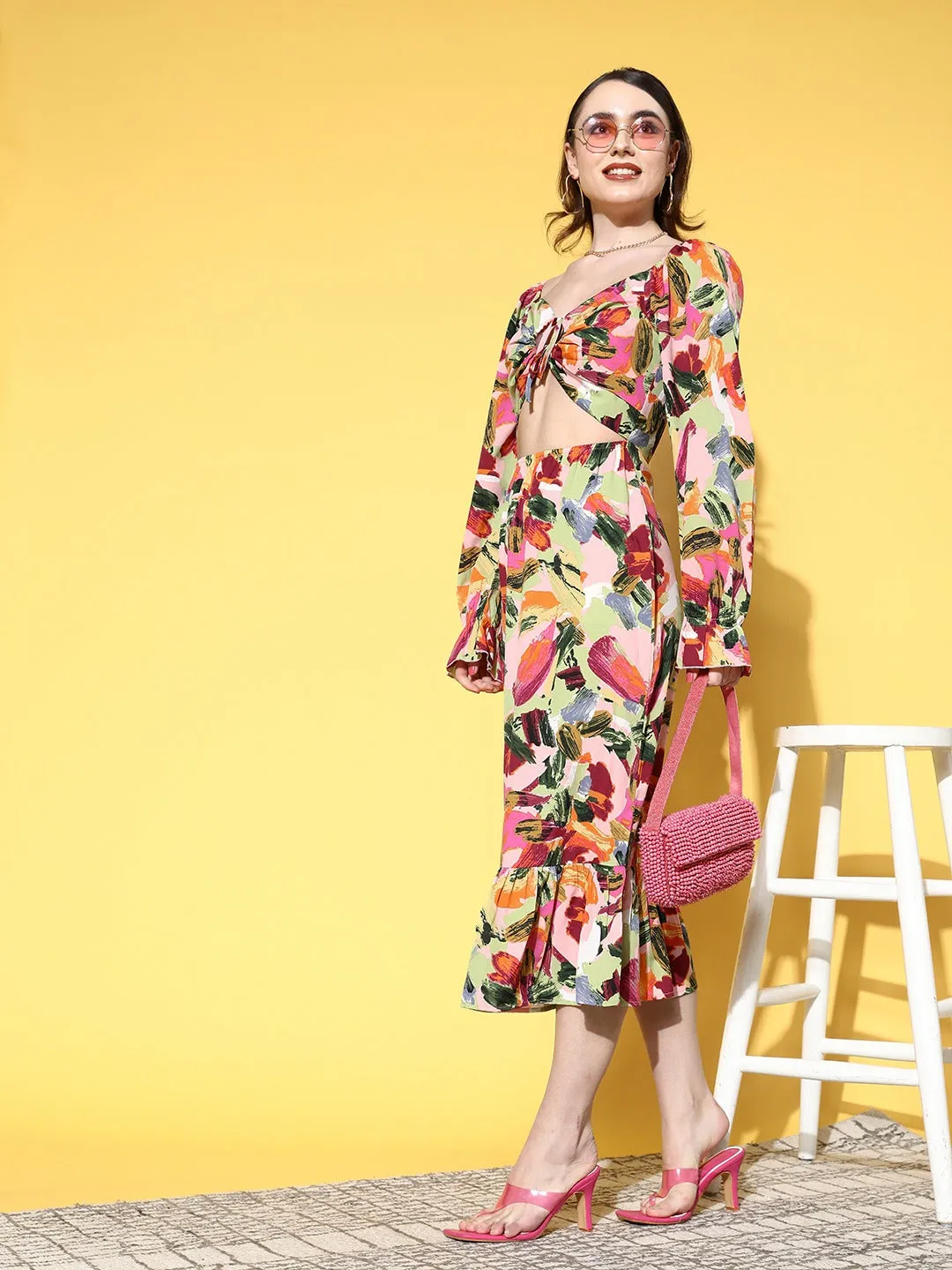 Berrylush Women Pink & Multicoloured Abstract Printed Sweetheart Neck Tie-Up Cutout Crepe Fit & Flare Midi Dress