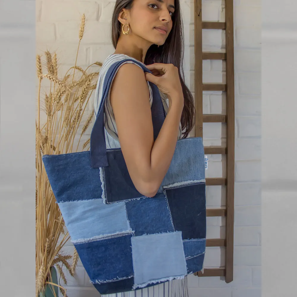 Blue - Upcycled Denim Patched Tote Bags