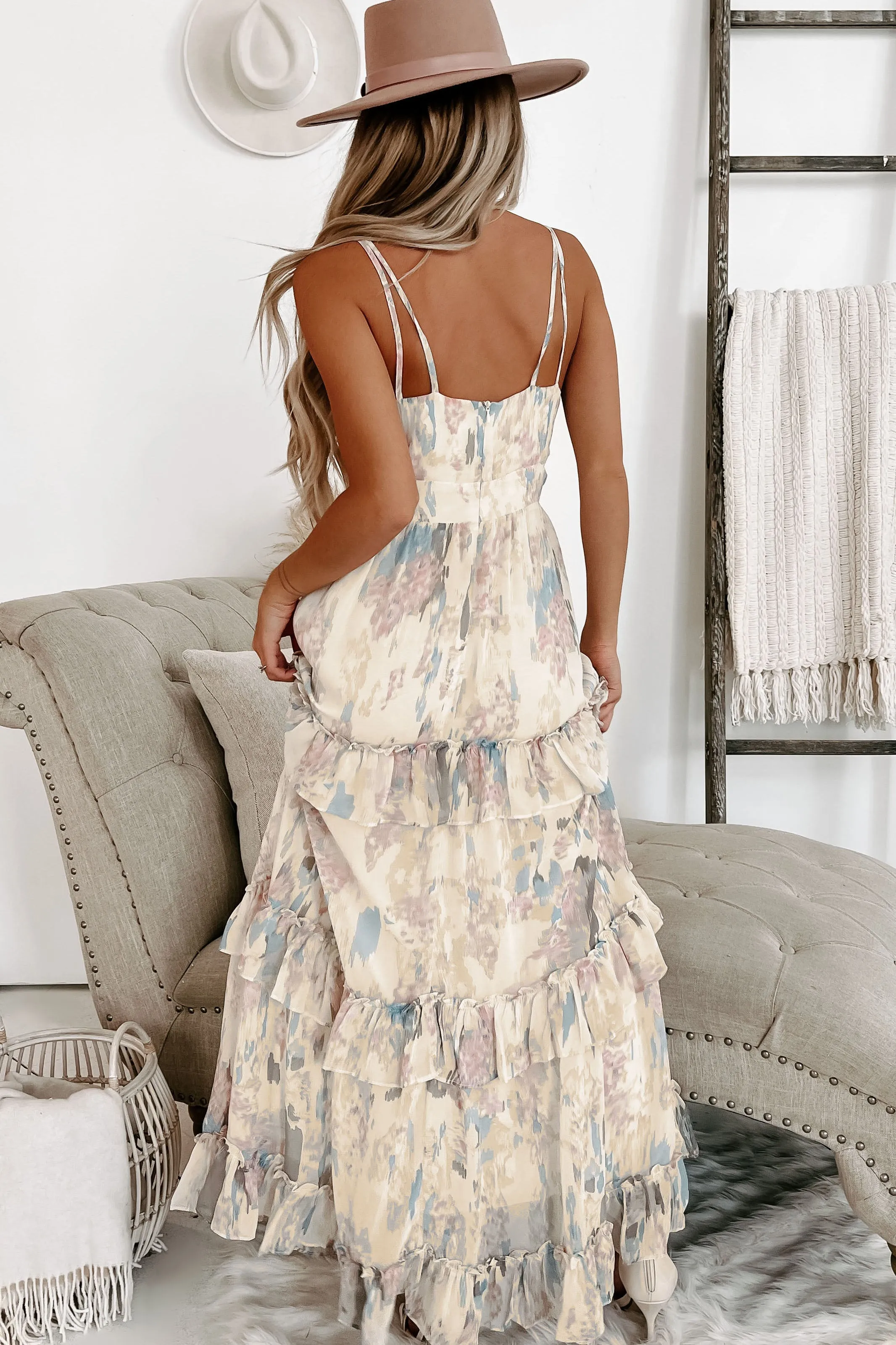 Brunch Vibes Patterned Cut-Out Maxi Dress (Cream Multi)