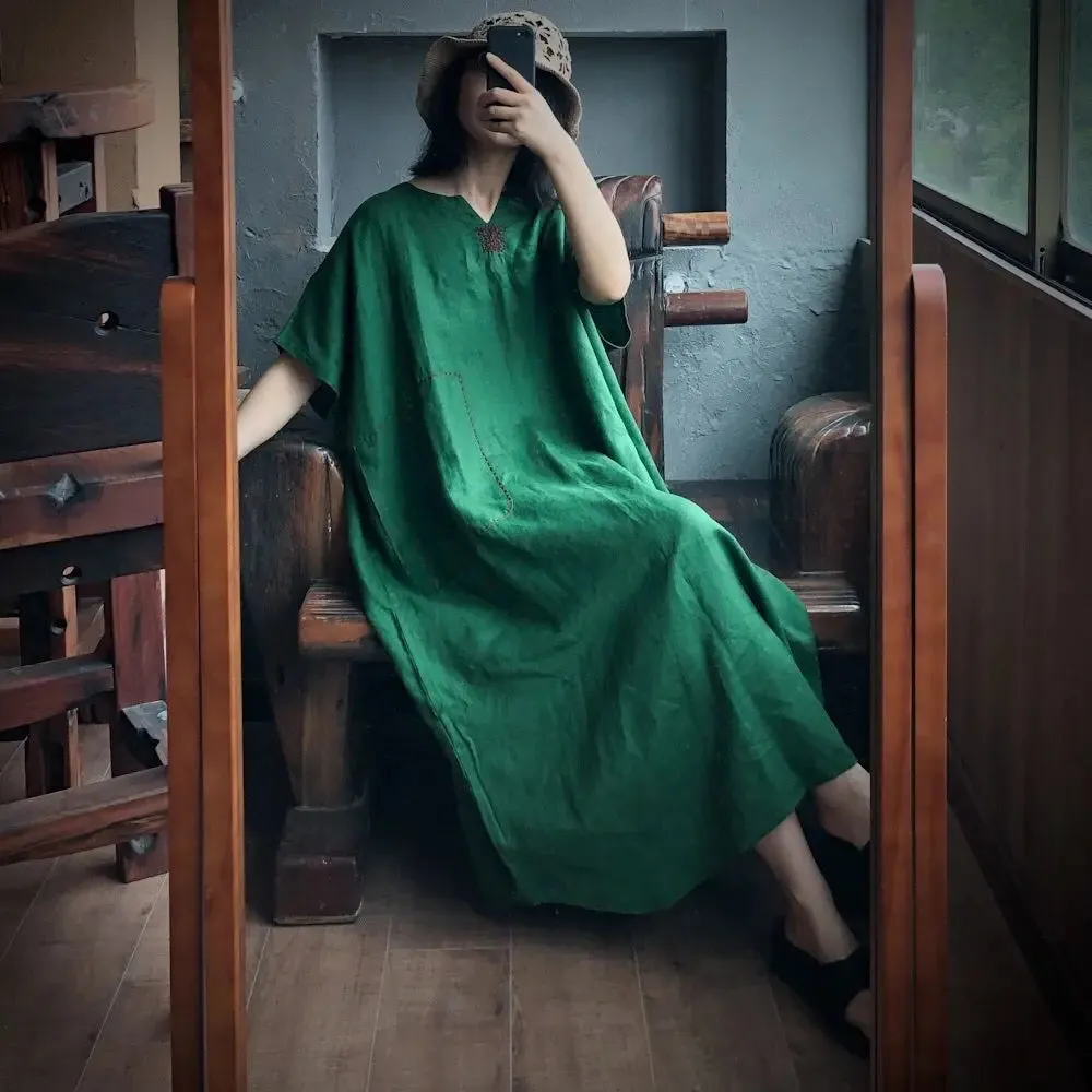 Casual Vintage Green Linen Summer Dress with V-Neck Collar