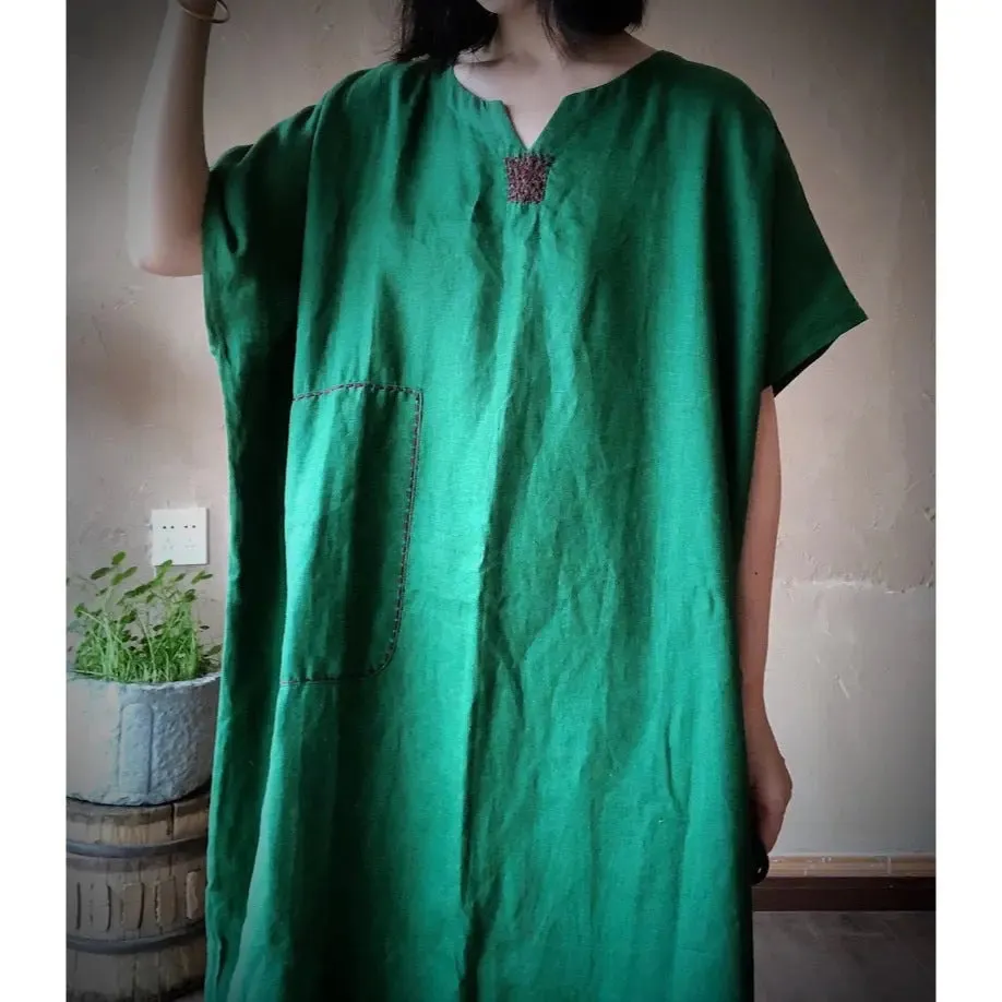 Casual Vintage Green Linen Summer Dress with V-Neck Collar