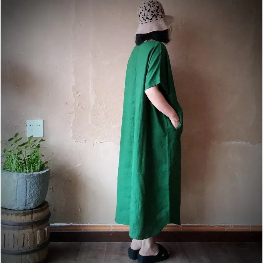 Casual Vintage Green Linen Summer Dress with V-Neck Collar