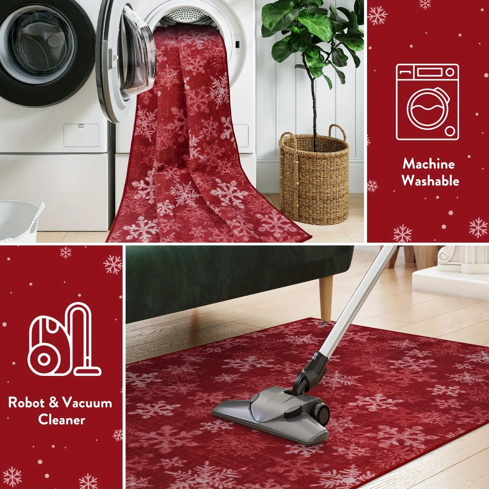 Christmas Area/Runner Rugs For Living Room, Washable Rug Carpet, Non-Slip Low Pile Soft Snowflake Retro Holiday Xmas Decor Throw Mat For Living Room/Bedroom/Kitchen/Doorway