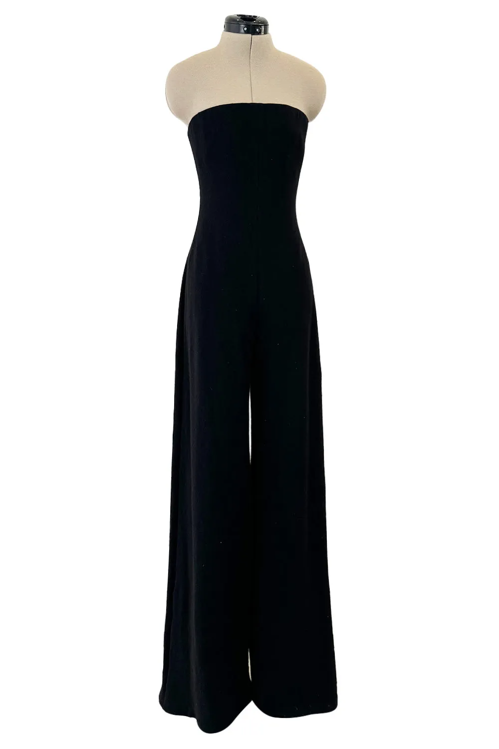 Fabulous 1980s Unlabeled Halston Black Strapless Cashmere Jumpsuit w Built in Inner Corset