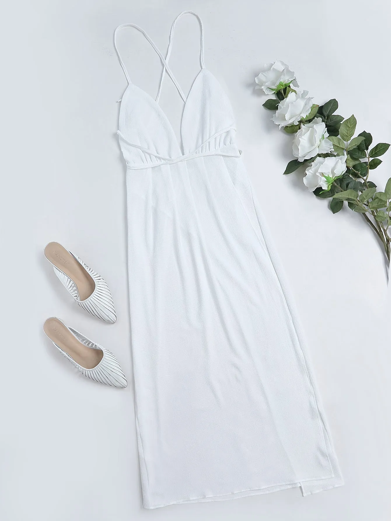 KittenAlarm - Solid Open Back Thigh Split Cami Maxi Beach Dress