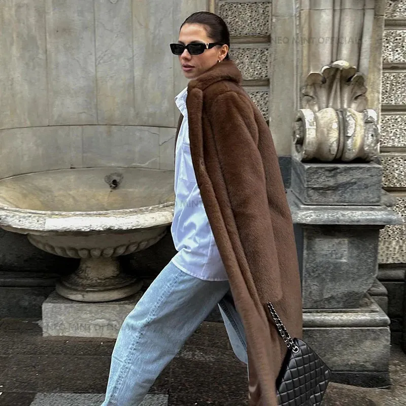 Luxury Long Fluffy Faux Fur coat trench coat