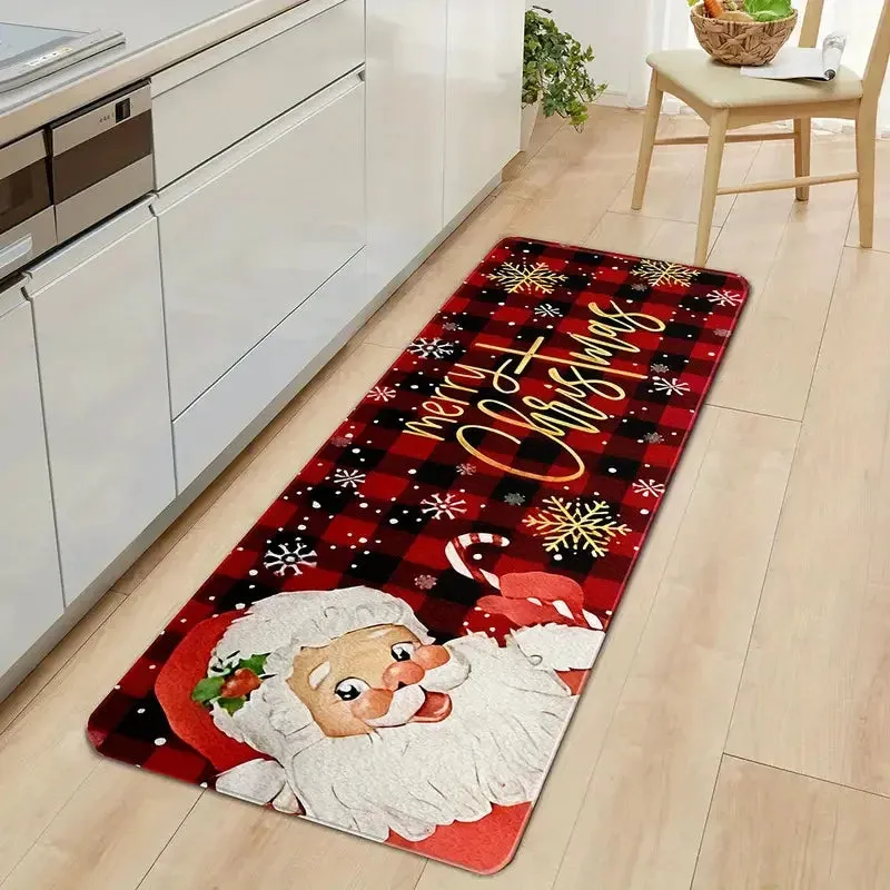 Merry Christmas Santa Claus Snowflake Buffalo Plaid Floor Mat Living Room Bedroom Kitchen Hallway Balcony Rugs Xmas Decorations