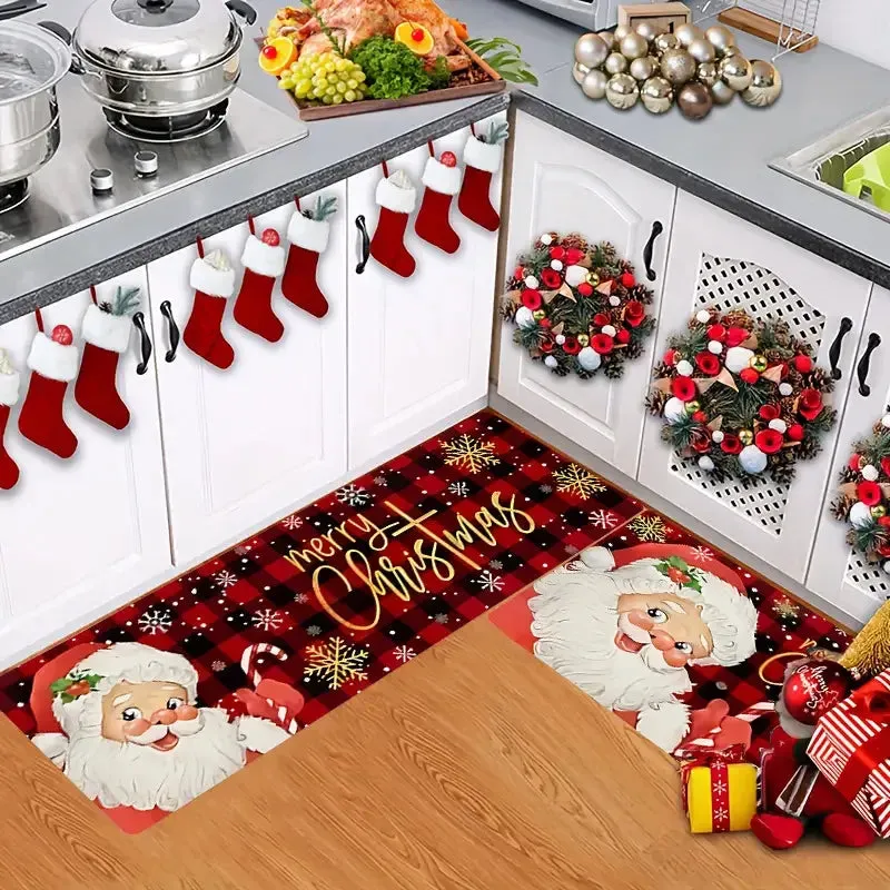 Merry Christmas Santa Claus Snowflake Buffalo Plaid Floor Mat Living Room Bedroom Kitchen Hallway Balcony Rugs Xmas Decorations