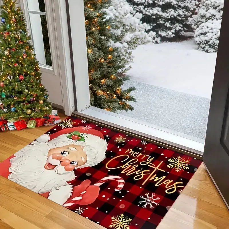 Merry Christmas Santa Claus Snowflake Buffalo Plaid Floor Mat Living Room Bedroom Kitchen Hallway Balcony Rugs Xmas Decorations