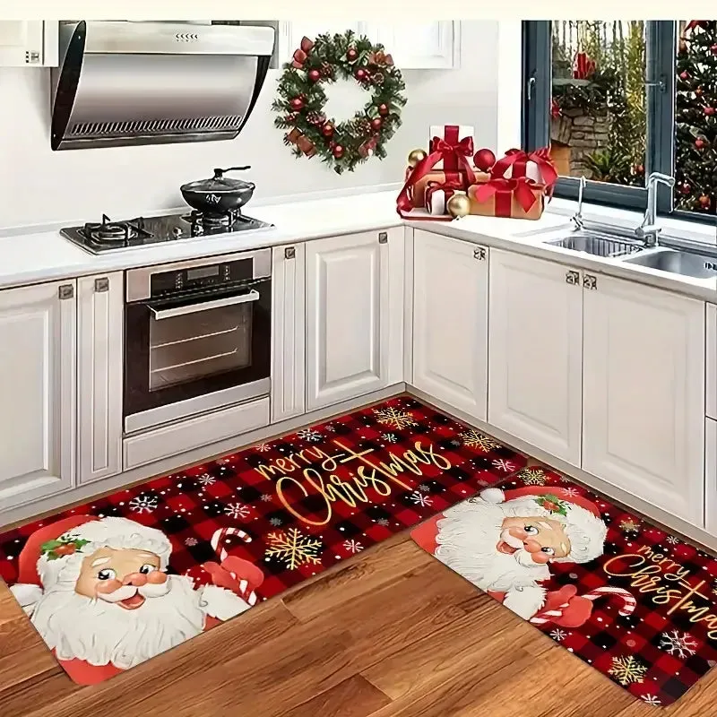 Merry Christmas Santa Claus Snowflake Buffalo Plaid Floor Mat Living Room Bedroom Kitchen Hallway Balcony Rugs Xmas Decorations