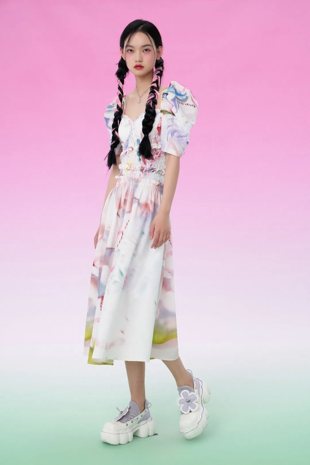 Mukzin | Ruffle Printed Slip Midi Dress