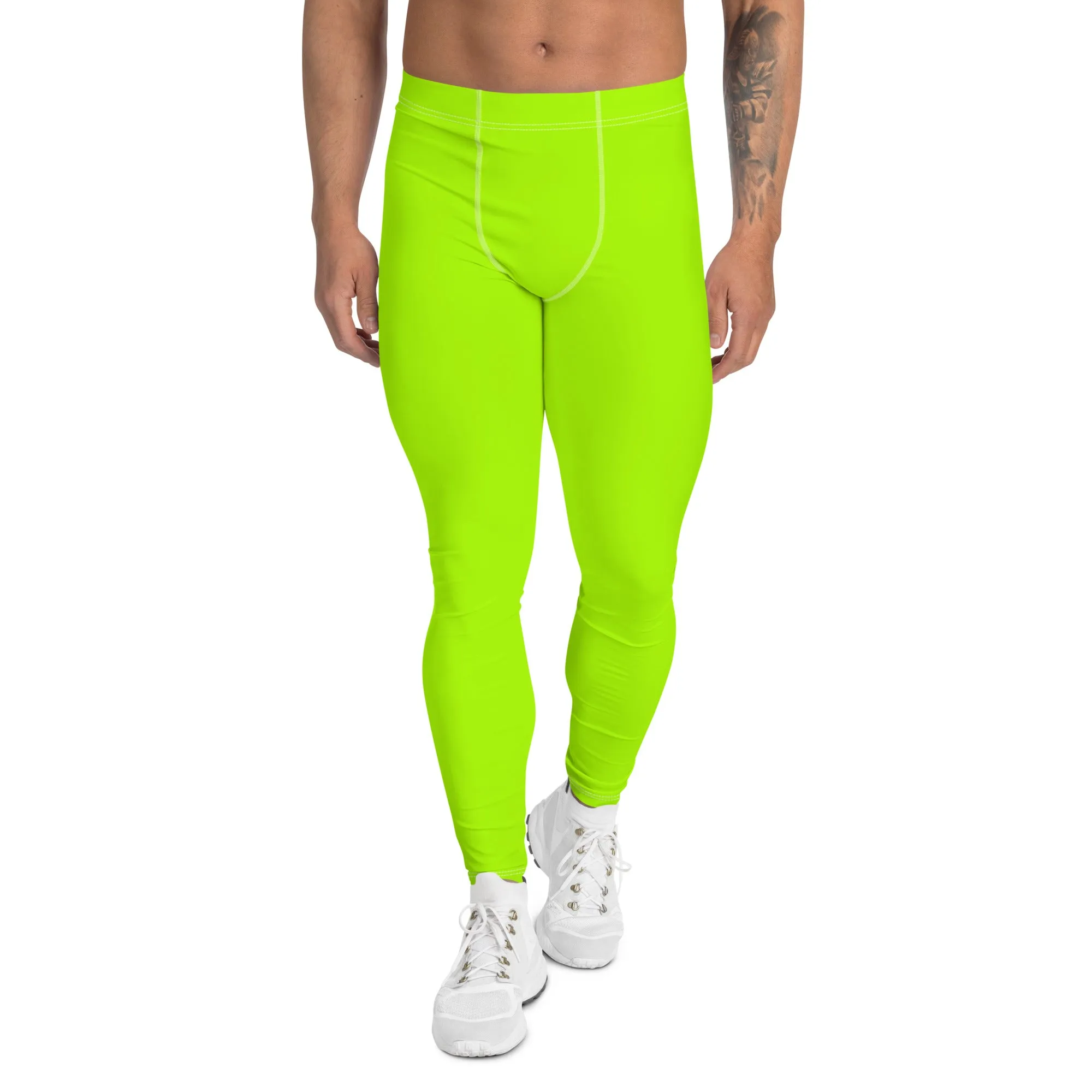 Neon Green Best Men's Leggings, Solid Bright Green Color Men's Running Sports Gym Tights