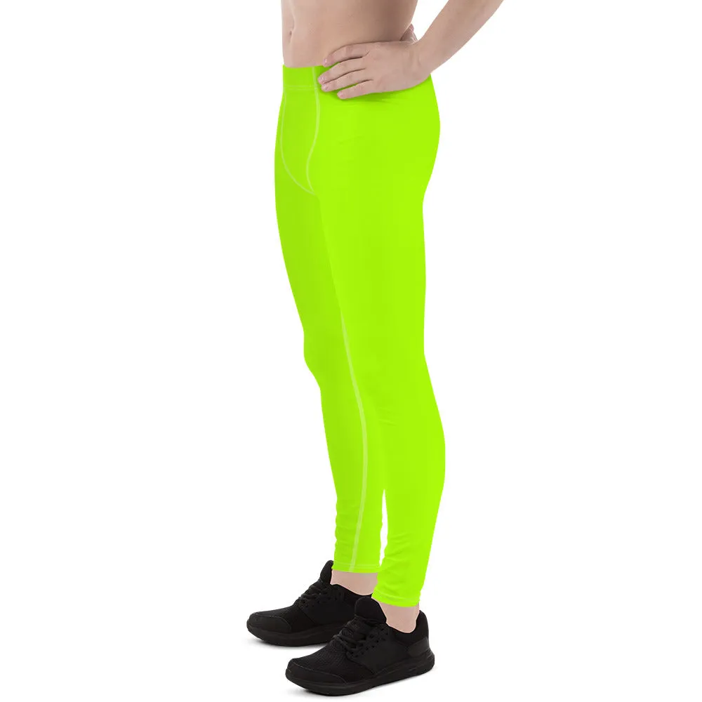 Neon Green Best Men's Leggings, Solid Bright Green Color Men's Running Sports Gym Tights