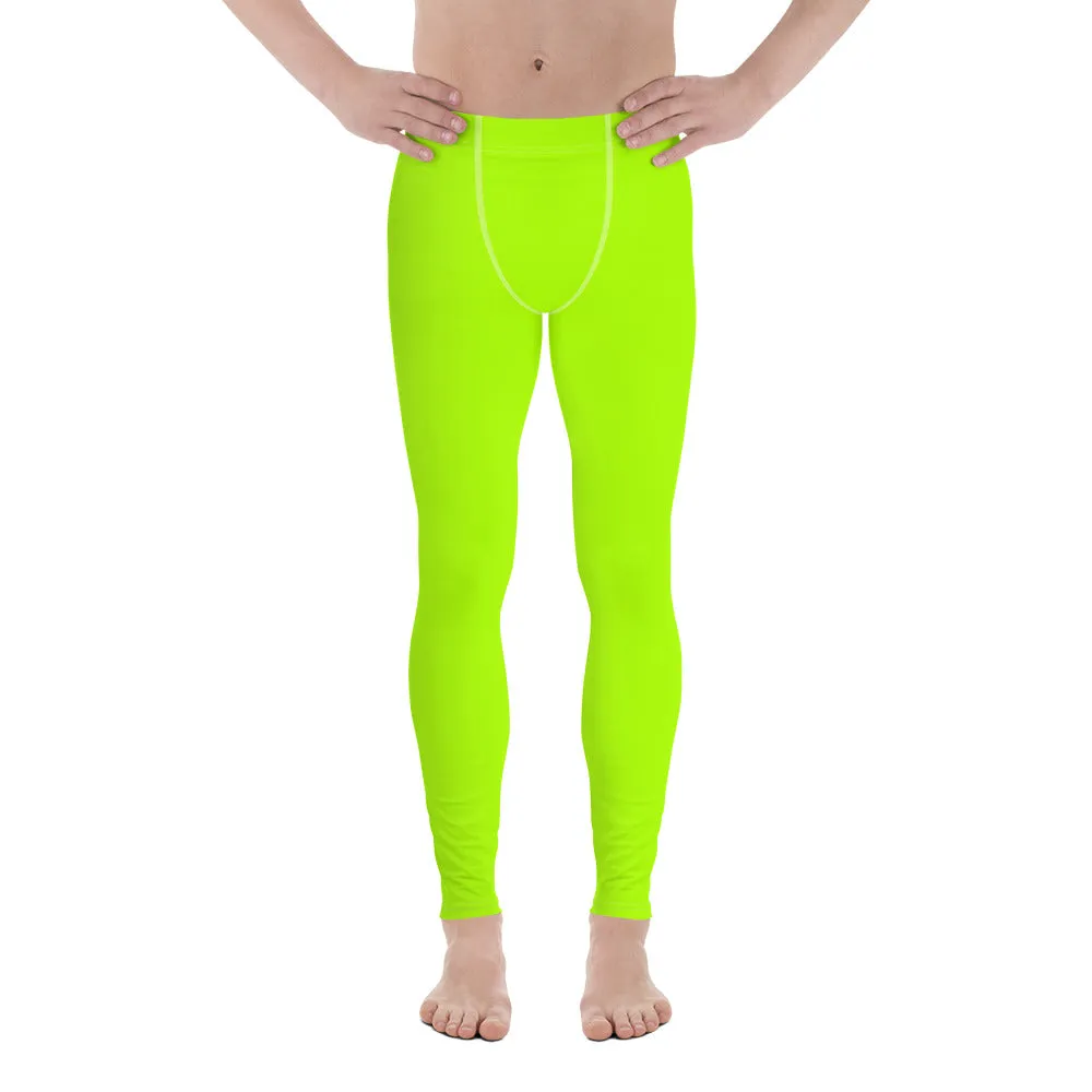 Neon Green Best Men's Leggings, Solid Bright Green Color Men's Running Sports Gym Tights