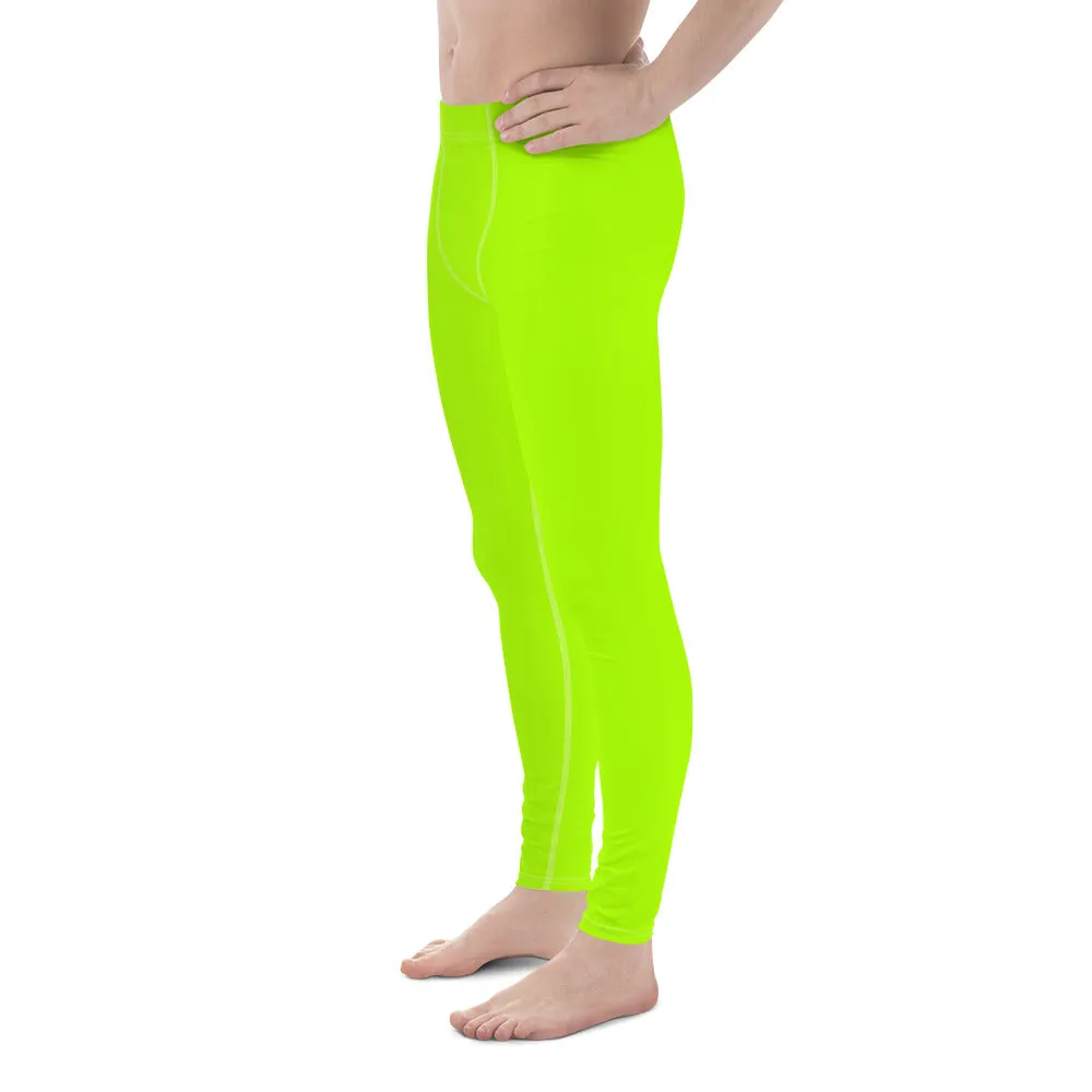 Neon Green Best Men's Leggings, Solid Bright Green Color Men's Running Sports Gym Tights