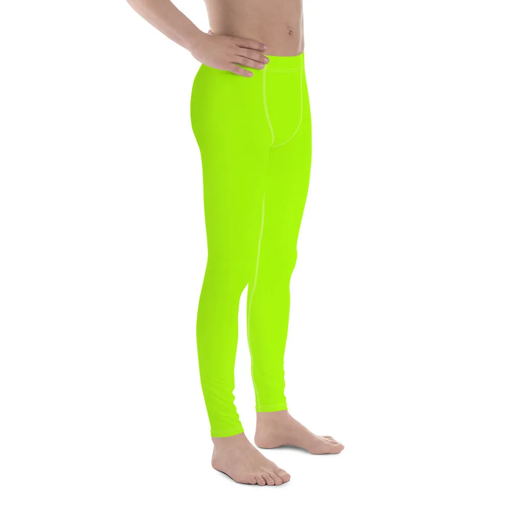 Neon Green Best Men's Leggings, Solid Bright Green Color Men's Running Sports Gym Tights
