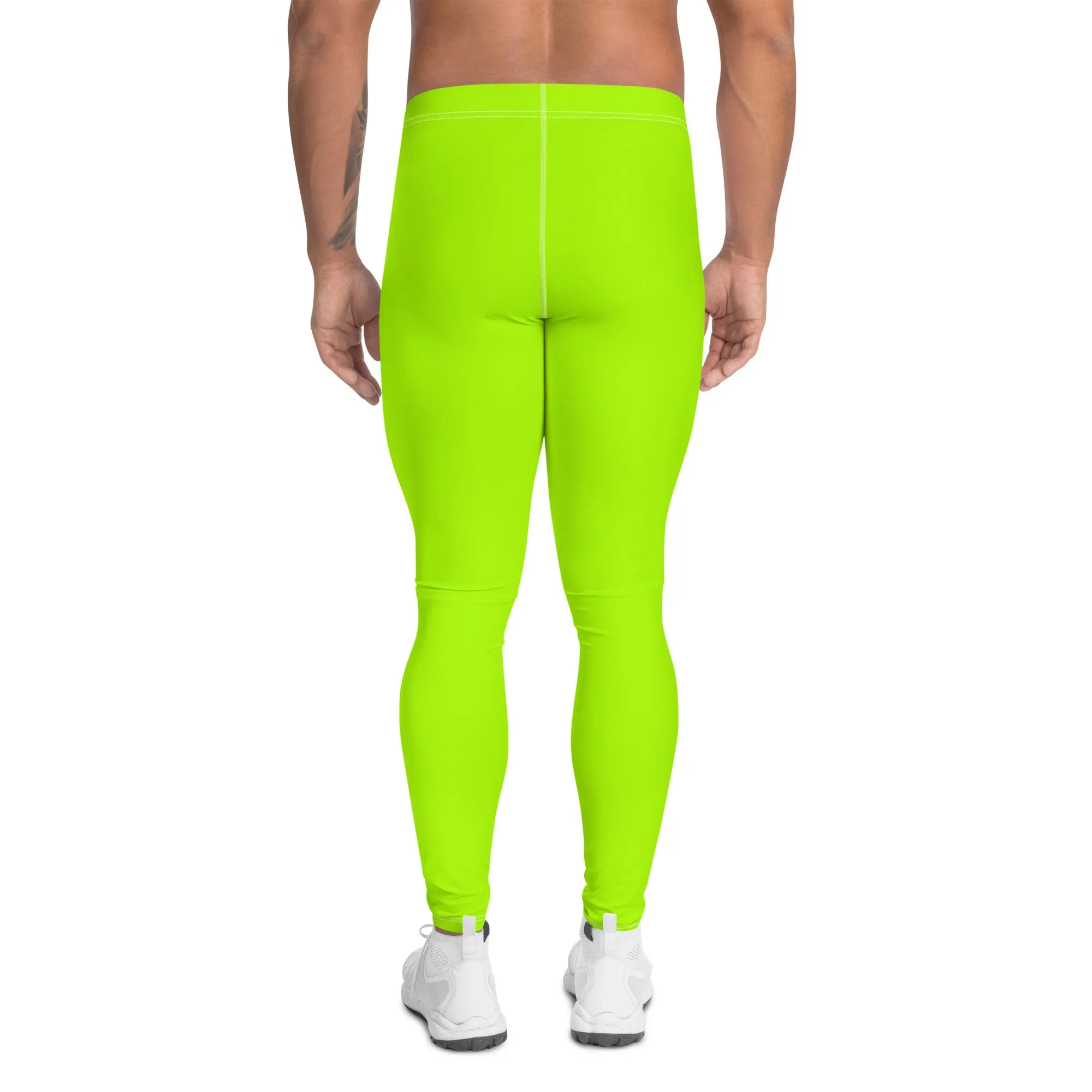 Neon Green Best Men's Leggings, Solid Bright Green Color Men's Running Sports Gym Tights