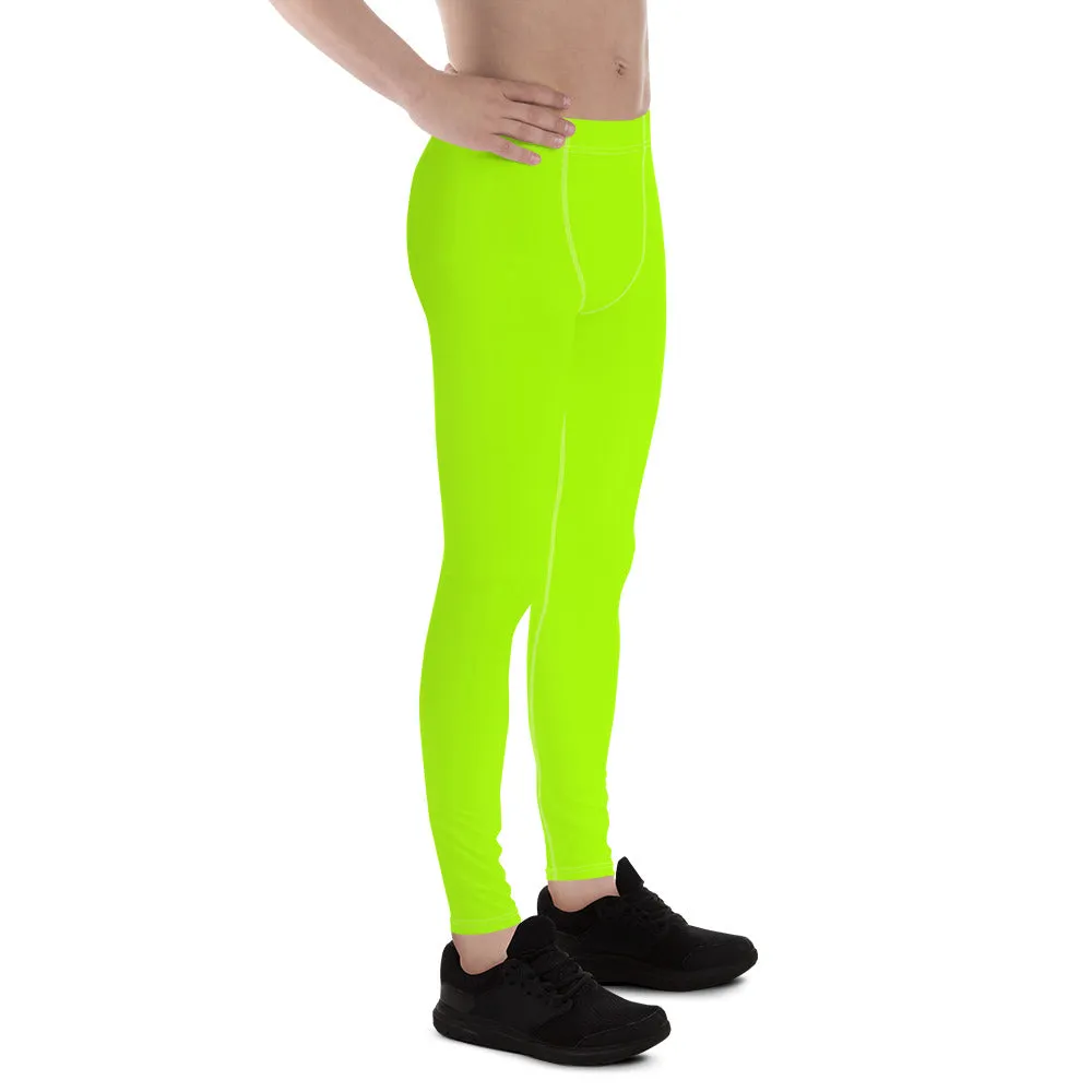 Neon Green Best Men's Leggings, Solid Bright Green Color Men's Running Sports Gym Tights