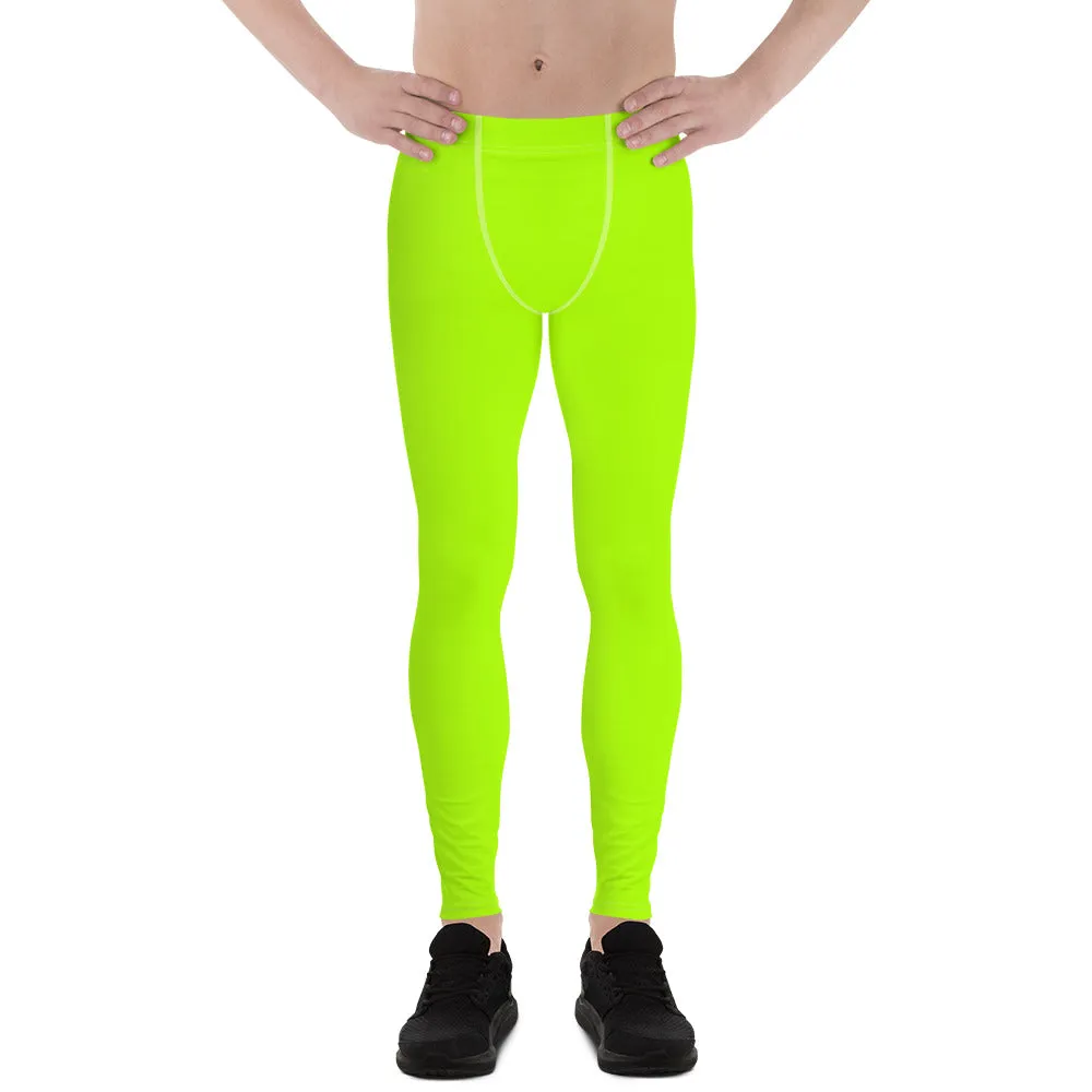 Neon Green Best Men's Leggings, Solid Bright Green Color Men's Running Sports Gym Tights