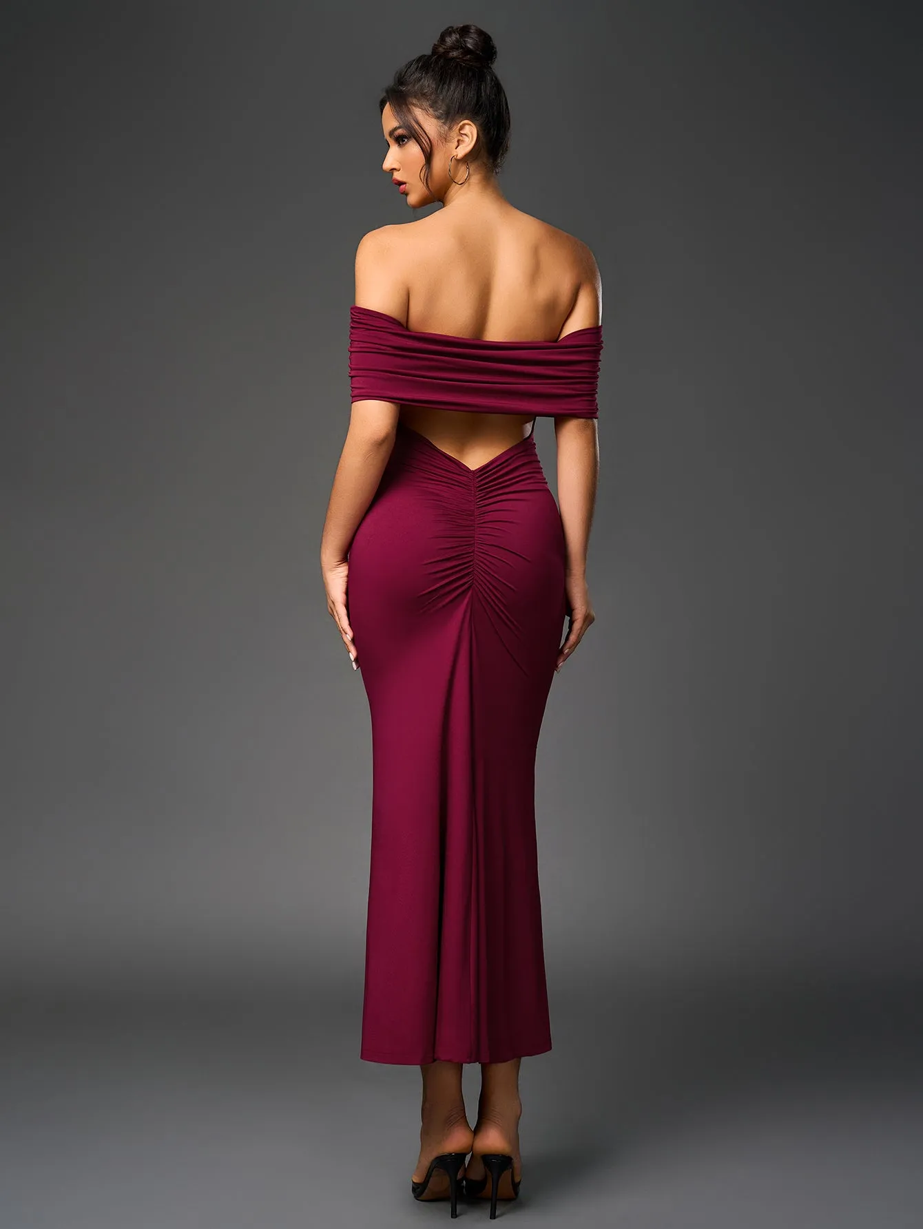 Off Shoulder Cut Out Back Ruched Bodycon Dress