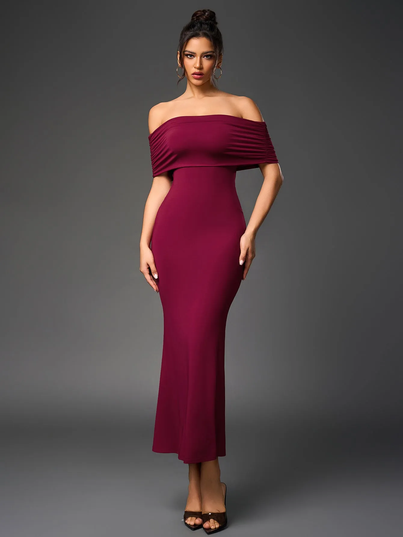 Off Shoulder Cut Out Back Ruched Bodycon Dress