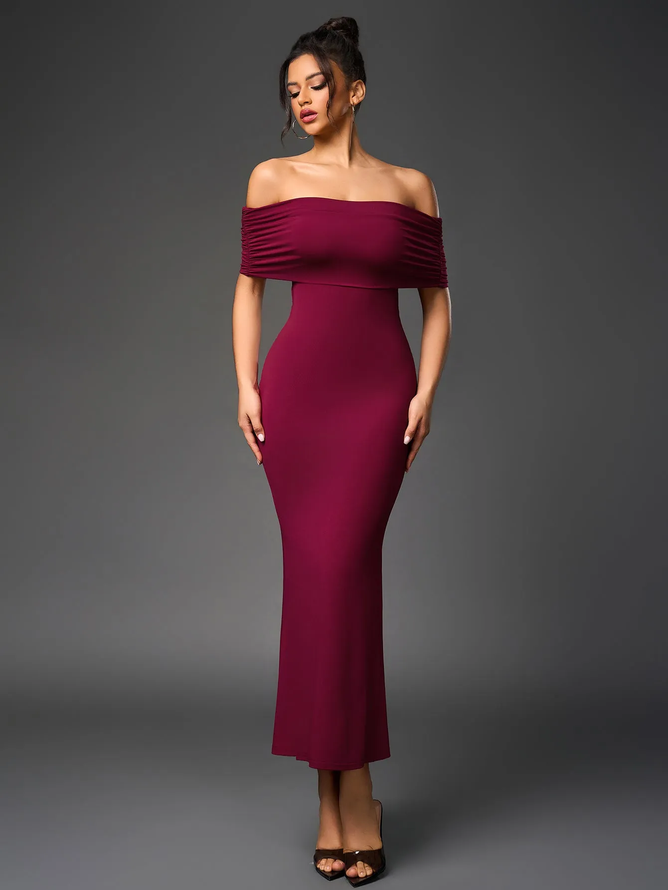 Off Shoulder Cut Out Back Ruched Bodycon Dress
