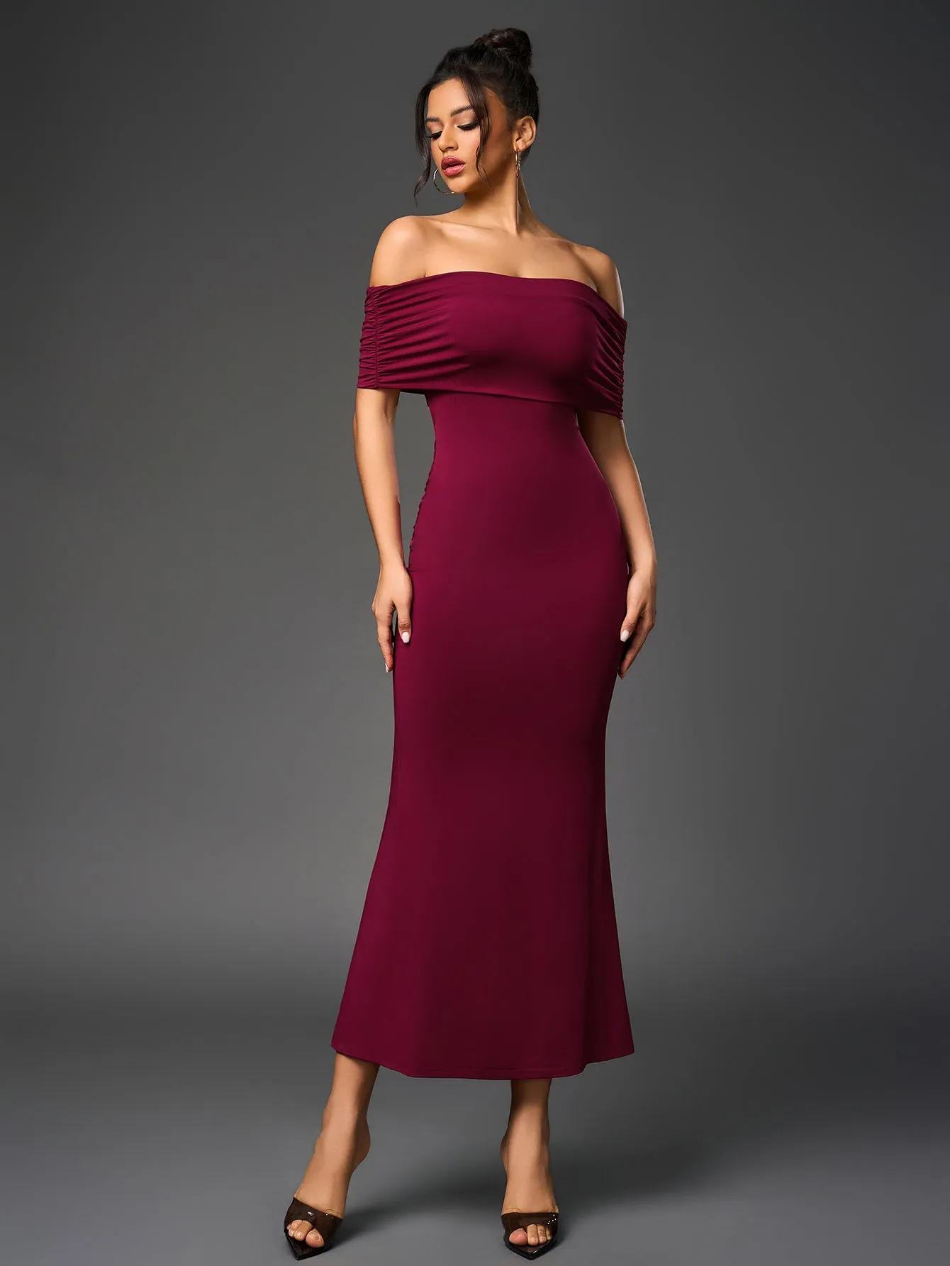 Off Shoulder Cut Out Back Ruched Bodycon Dress