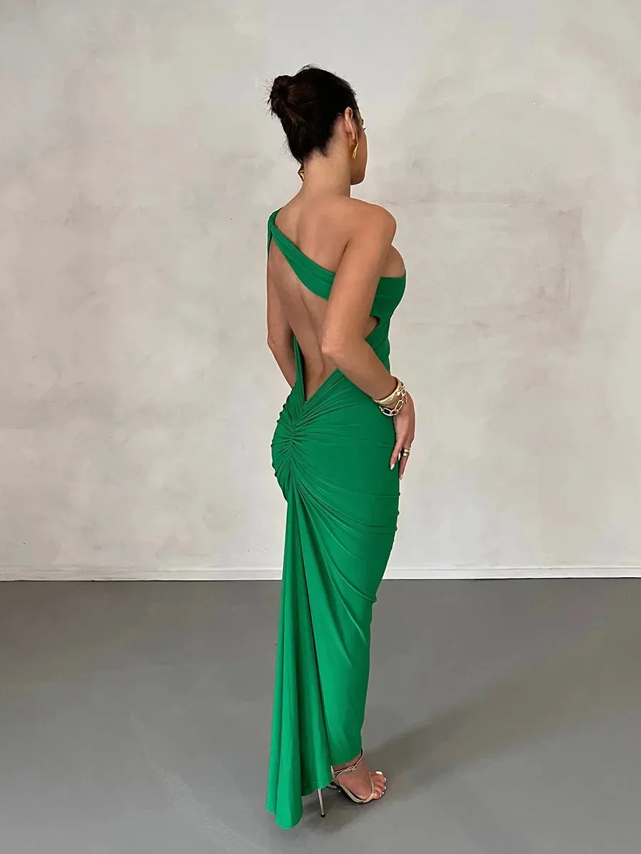 One Shoulder Sleeveless Backless Maxi Party Club Ruched Casual Women’s Dress