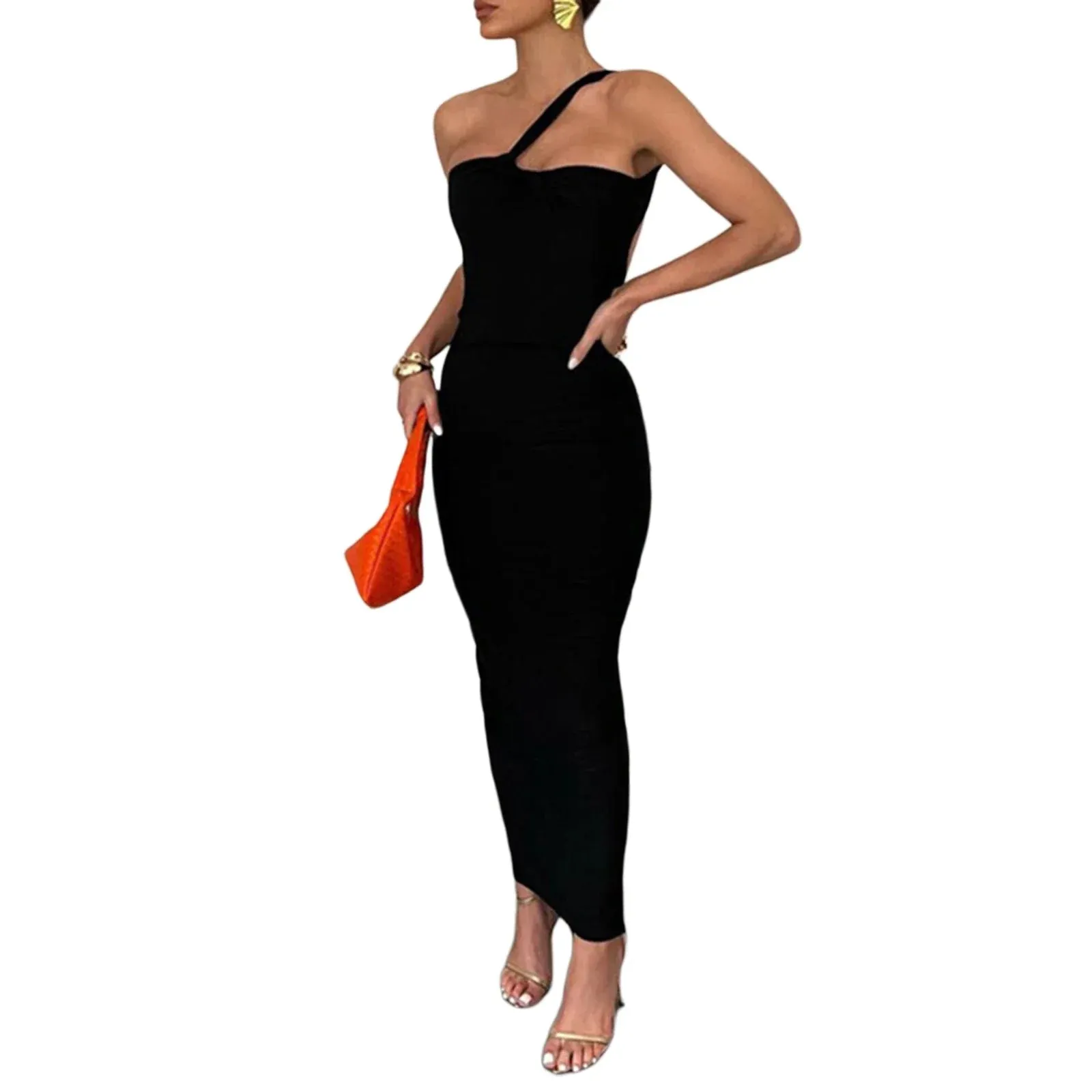 One Shoulder Sleeveless Backless Maxi Party Club Ruched Casual Women’s Dress