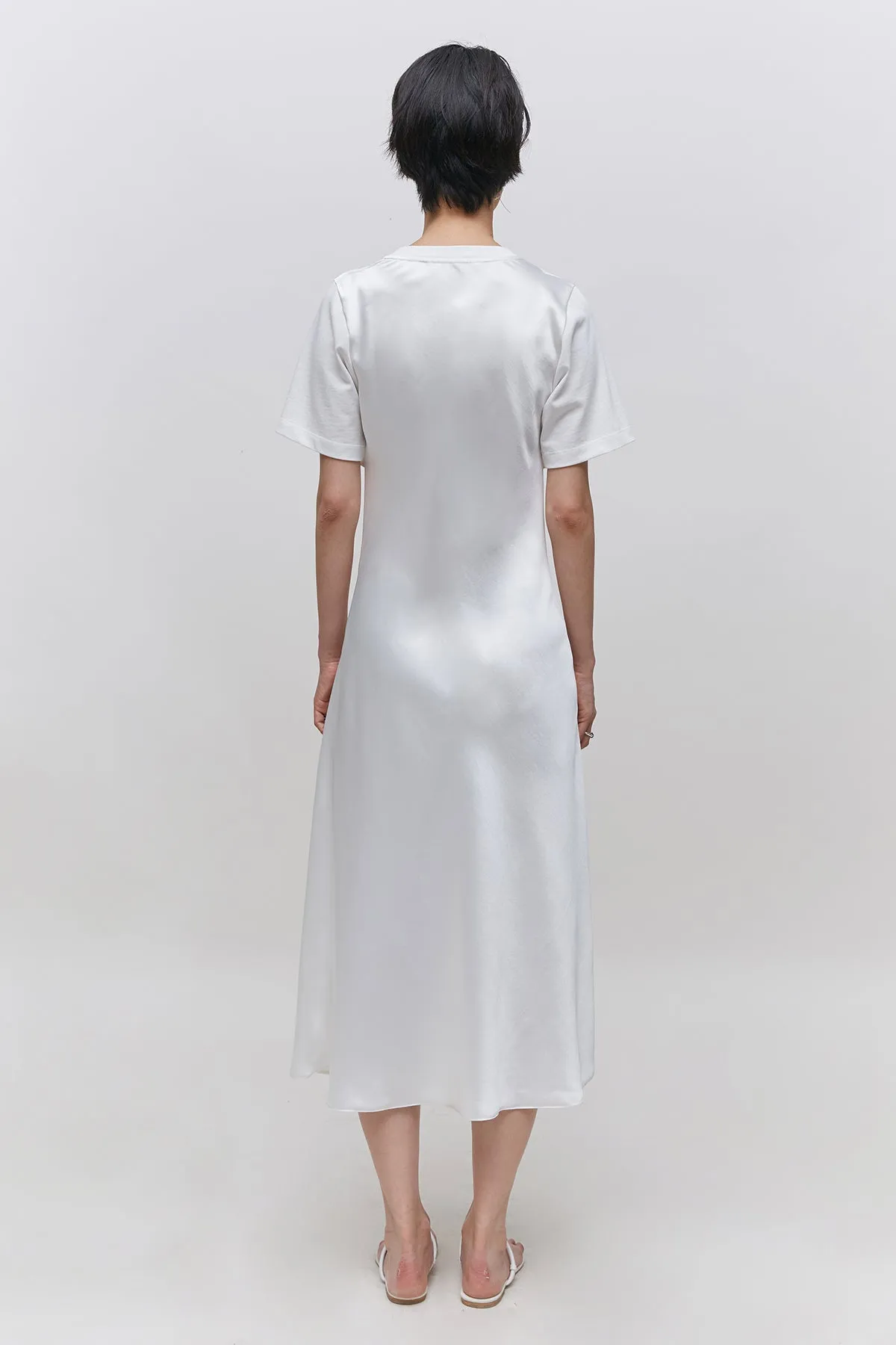 Overlayered ruched cotton jersey and satin midi dress