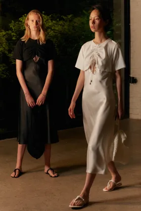 Overlayered ruched cotton jersey and satin midi dress